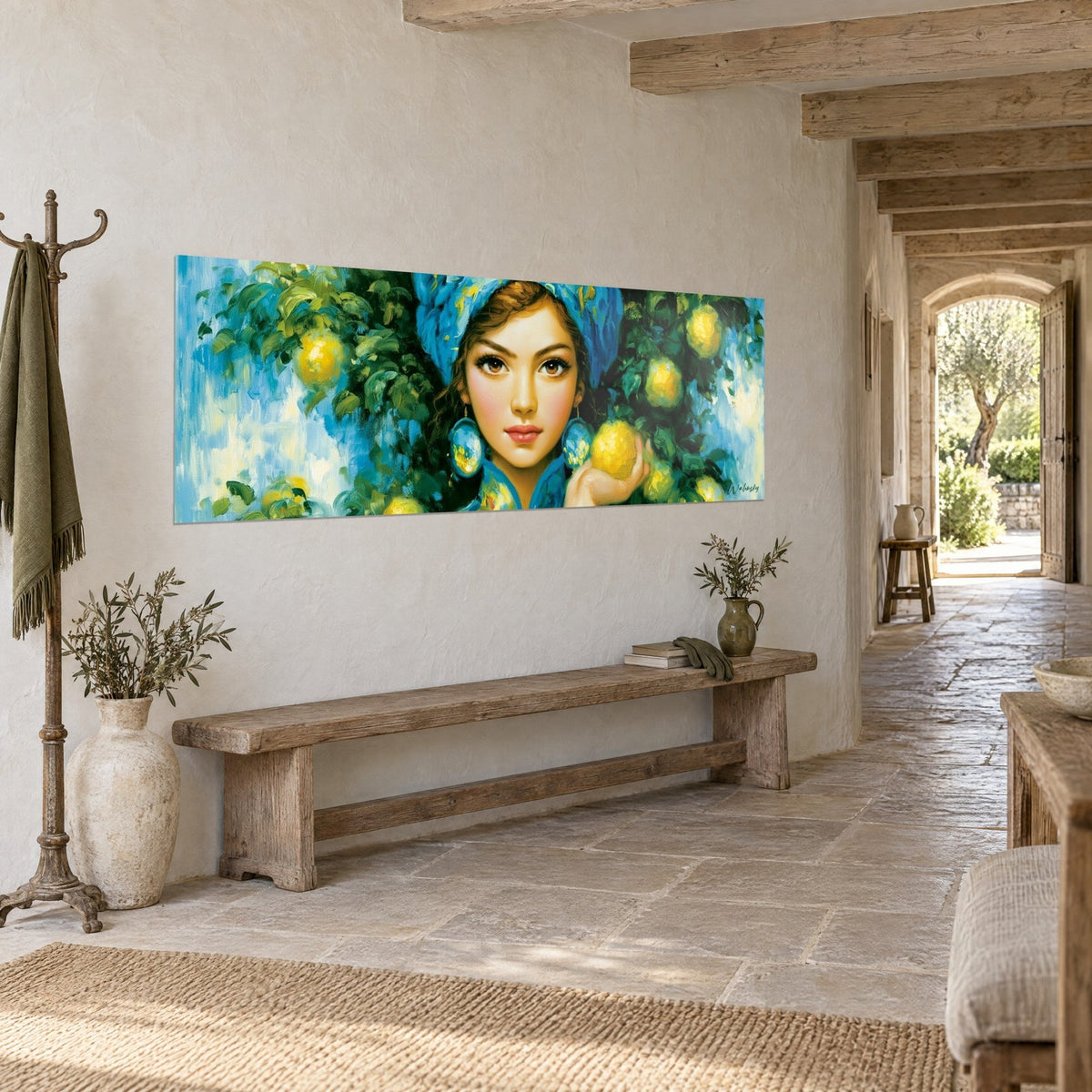 Tableau visage aux yeux bruns intenses, grandes boucles d'oreilles rondes bleues, feuillage vert et citrons dorés, entrée en pierre
