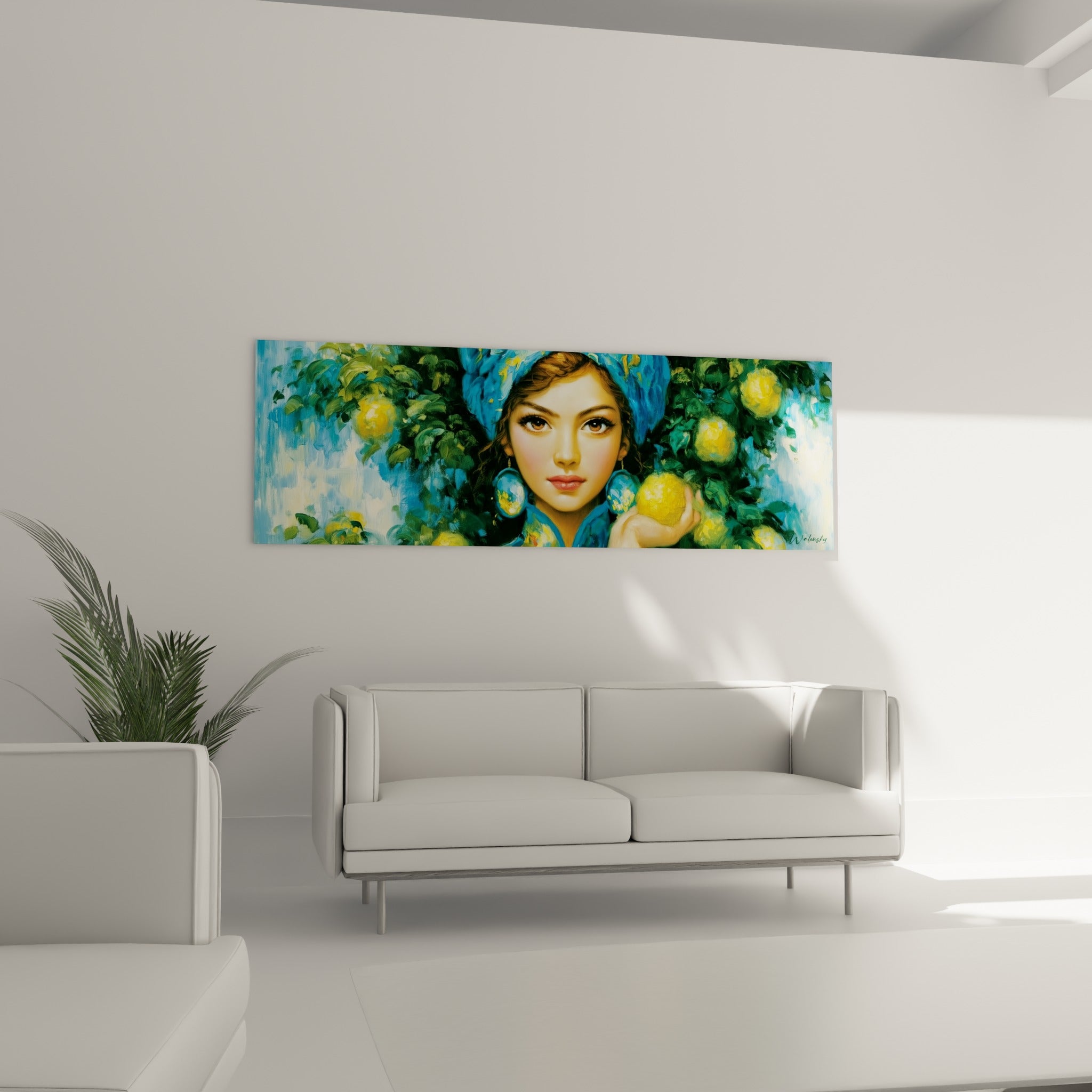 Visage entouré de citrons dorés et feuillage émeraude au-dessus d'un canapé dans un salon lumineux