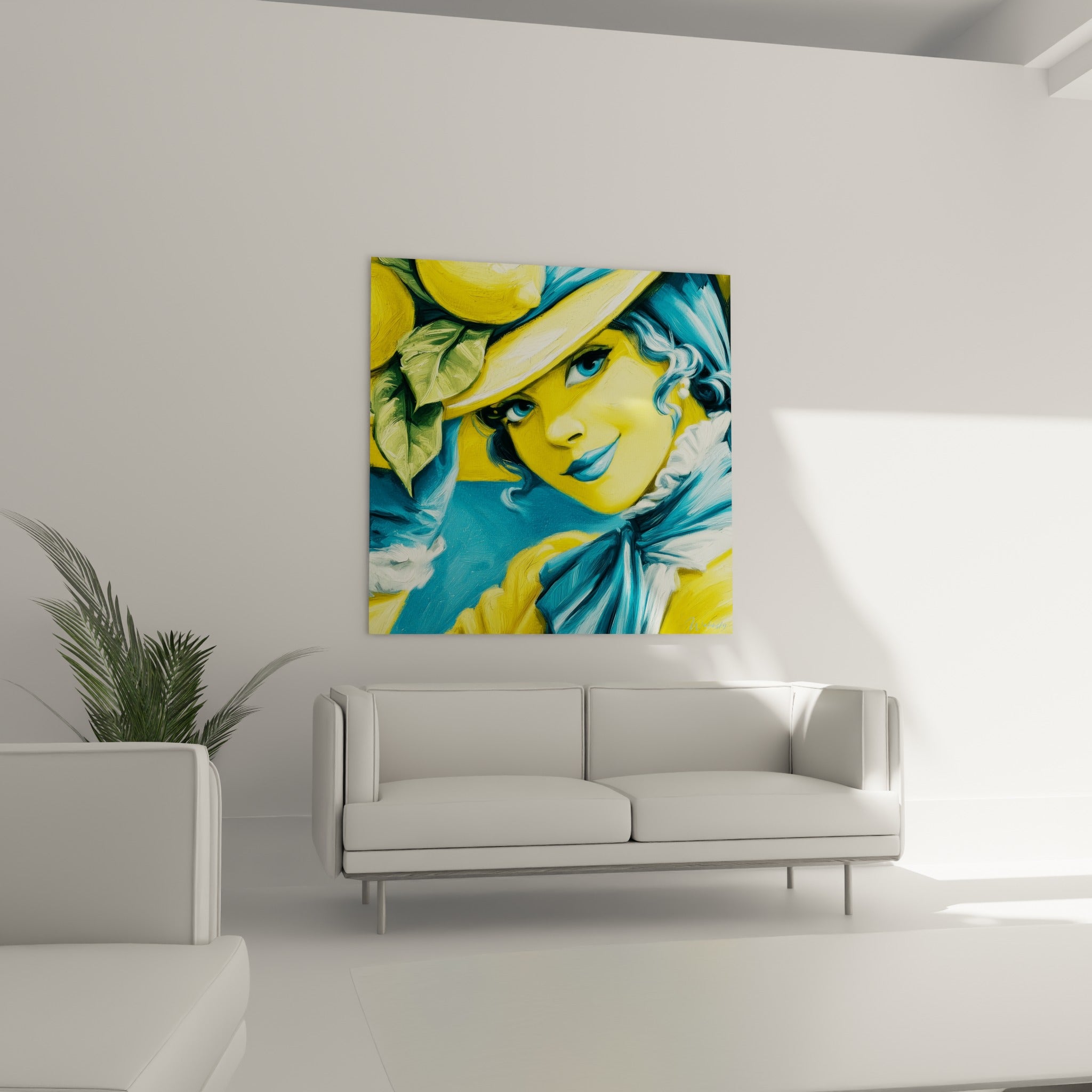 Visage souriant sous chapeau jaune, citrons verts et jaunes, au-dessus d'un canapé dans un salon lumineux