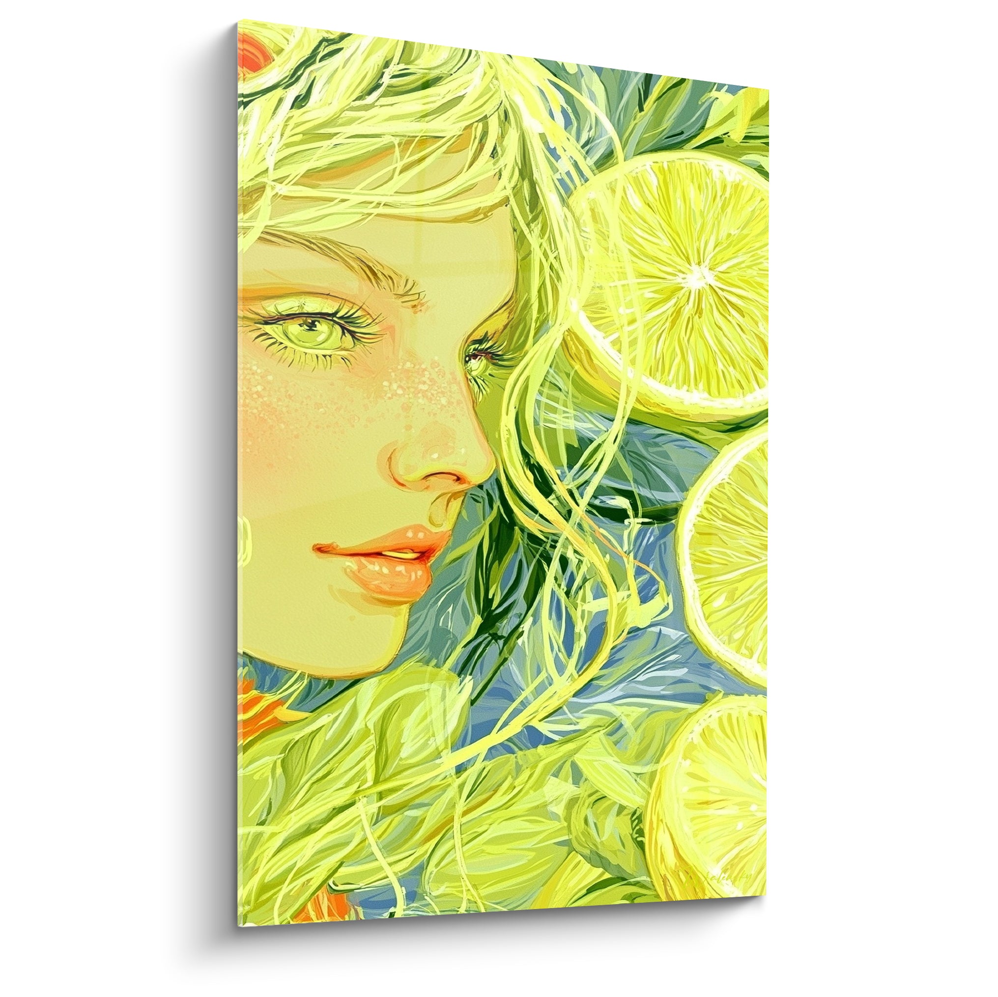 Visage féminin aux mèches jaune citron et vert sauge, entouré de tranches d'agrumes lumineuses