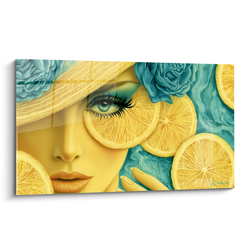 Tableau Portrait féminin jaune et turquoise aux roses fleuries - Œil bleu perçant - Edition Citron