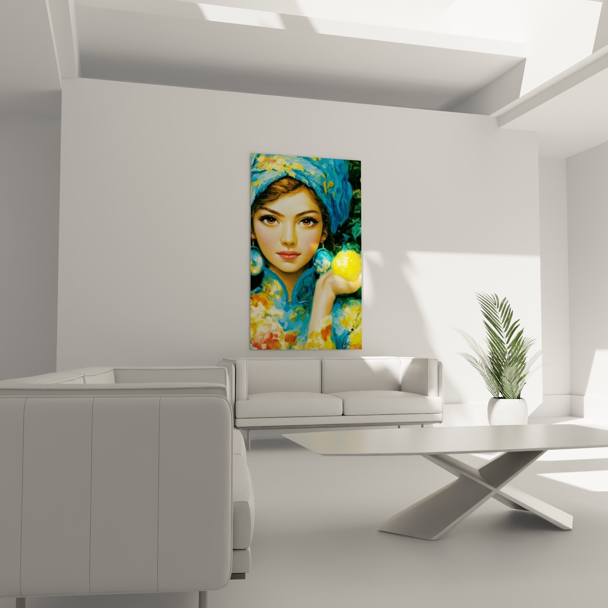 Visage expressif aux yeux bruns et vêtement fleuri jaune et bleu placé au-dessus d'un canapé dans un salon lumineux