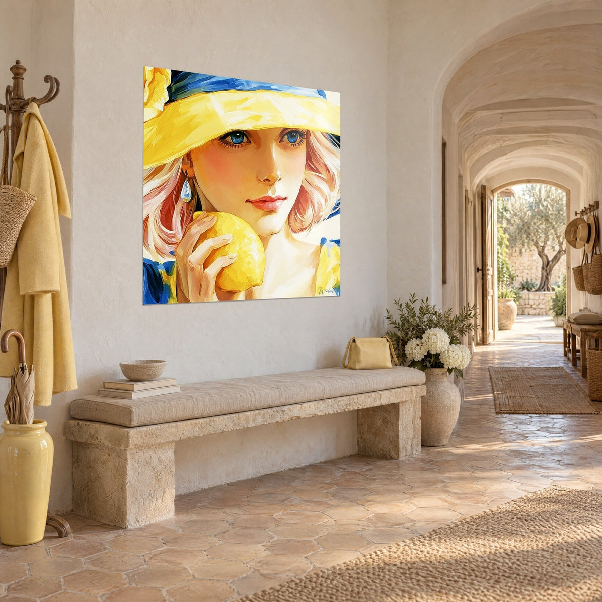 Tableau visage aux yeux bleus sous un bord de chapeau citron, mèches rose pâle et bleu outremer, vue de trois-quarts dans un couloir voûté