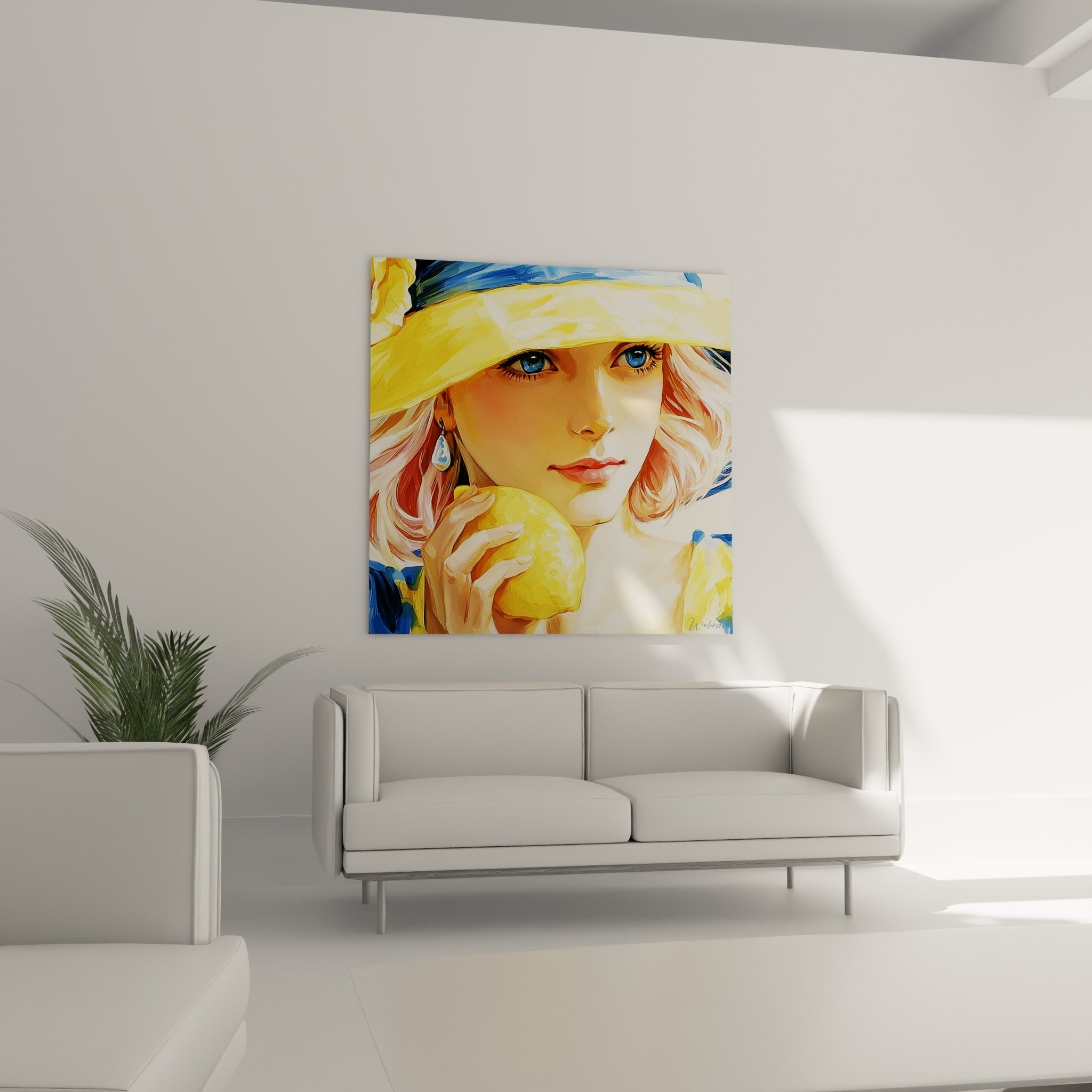 Regard bleu profond sous un chapeau jaune éclatant, positionné au-dessus d'un canapé dans un salon lumineux