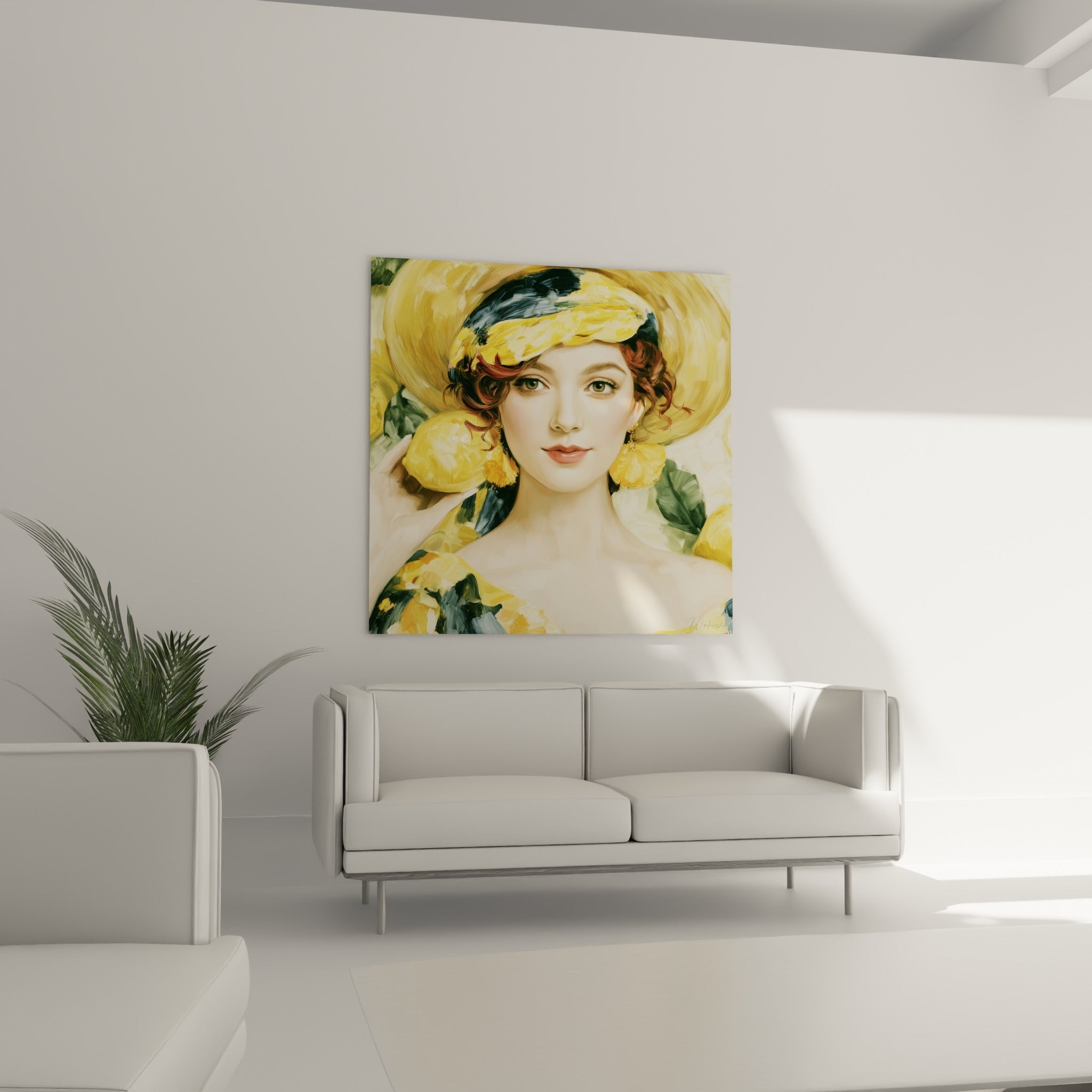 Regard vert-noisette et foulard jaune citron peint en larges touches, au-dessus d'un canapé dans un salon lumineux