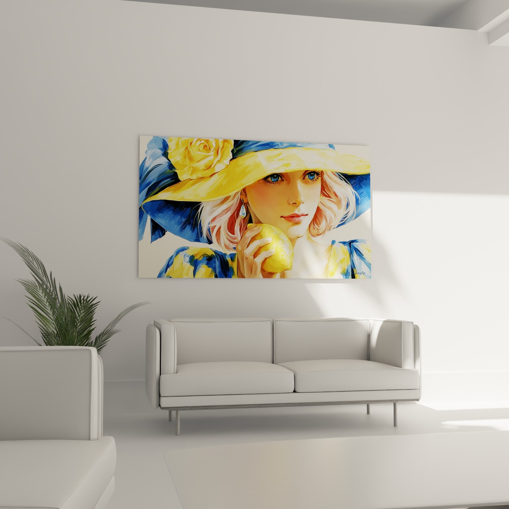 Visage rosé sous un chapeau jaune vif orné d'une rose, tenant un citron, au-dessus d'un canapé dans un salon lumineux