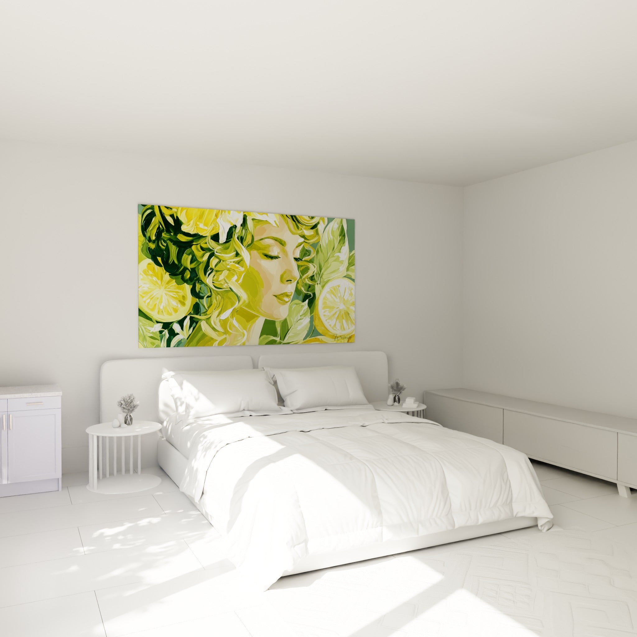 Visage serein cerné de tranches de citron jaune et de verdure sauge, au-dessus d'un lit dans une chambre claire