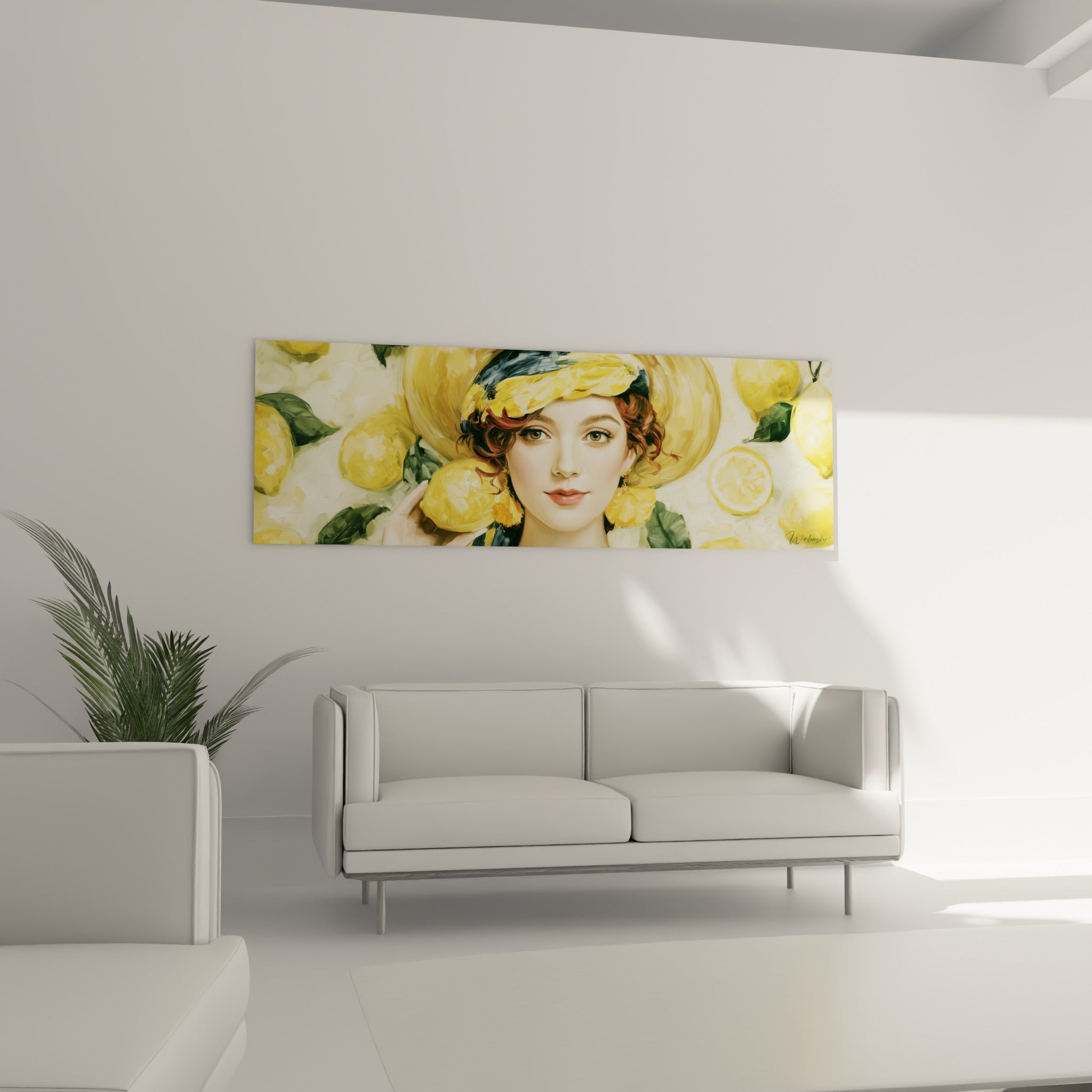 Visage serein encadré de citrons dorés et verts, au-dessus d'un canapé dans un salon lumineux