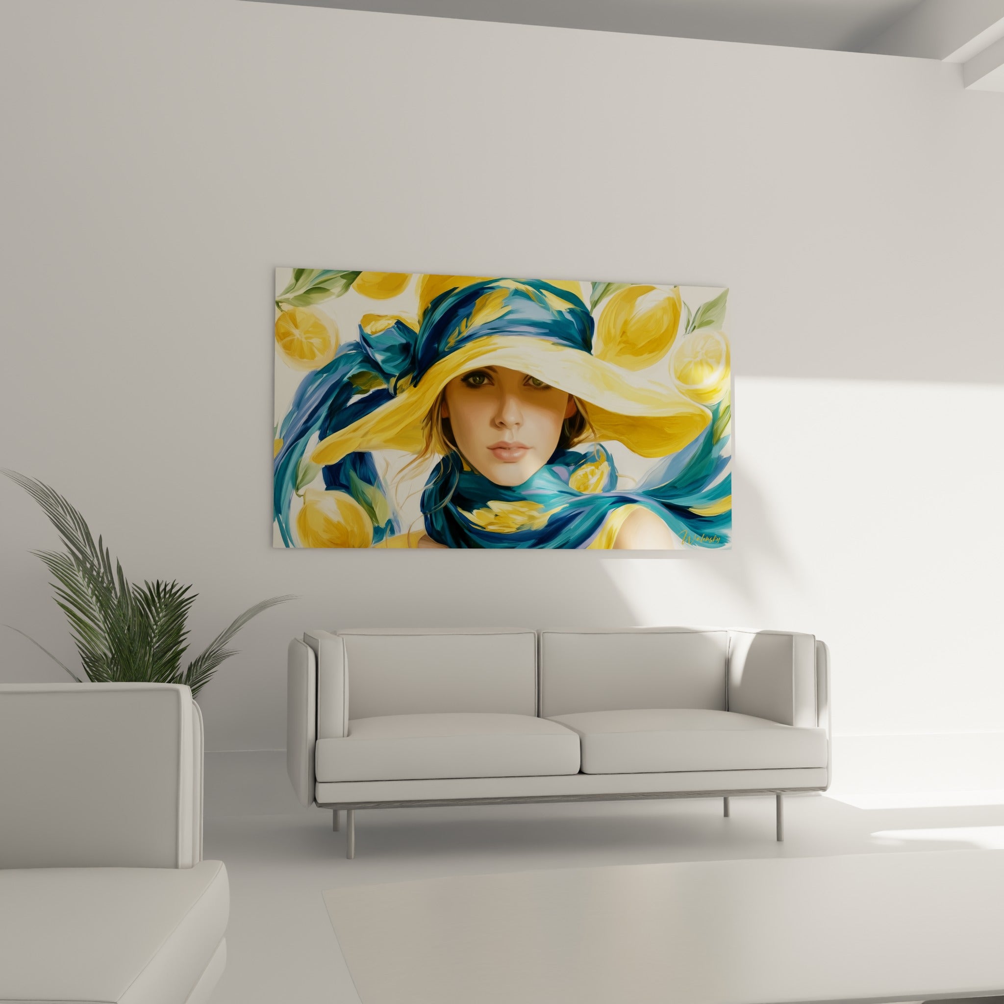Visage serein sous un chapeau jaune doré et foulard bleu profond, au-dessus d'un canapé dans un salon lumineux