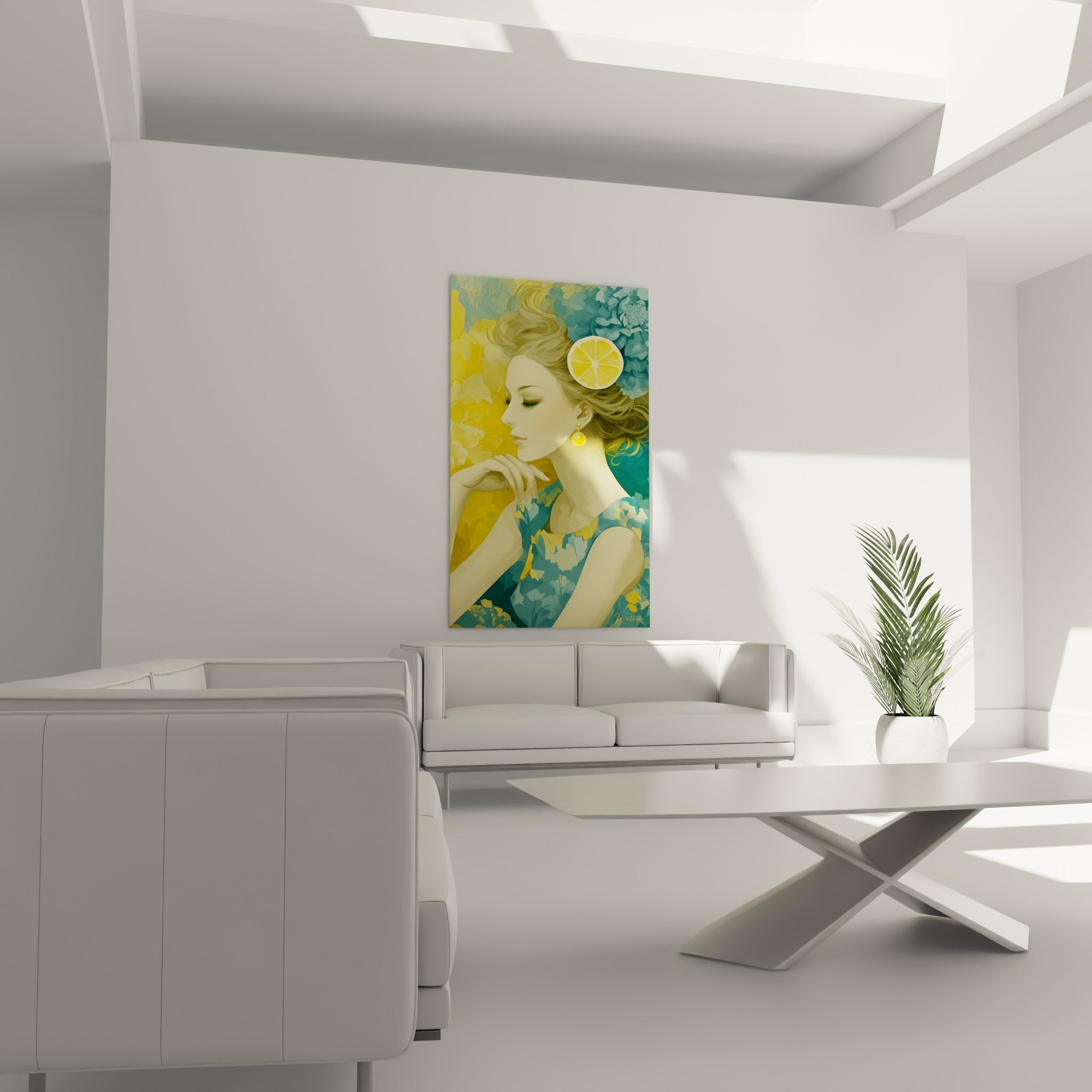 Visage serein aux teintes jaune et bleu pétrole, tranche de citron ornant les cheveux, au-dessus d'un canapé dans un salon lumineux