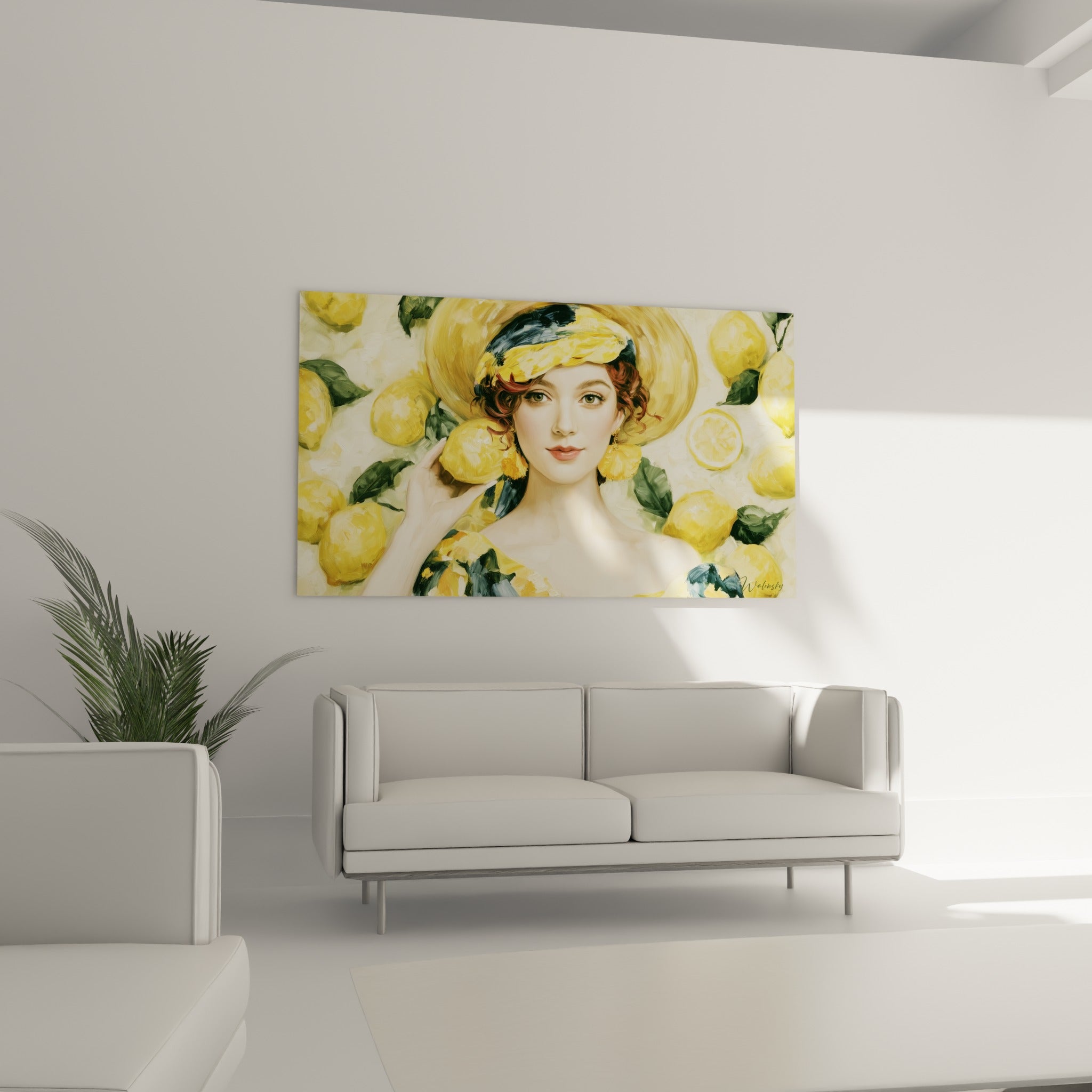 Visage doux entouré de citrons jaunes et verts, suspendu au-dessus d'un canapé dans un salon lumineux