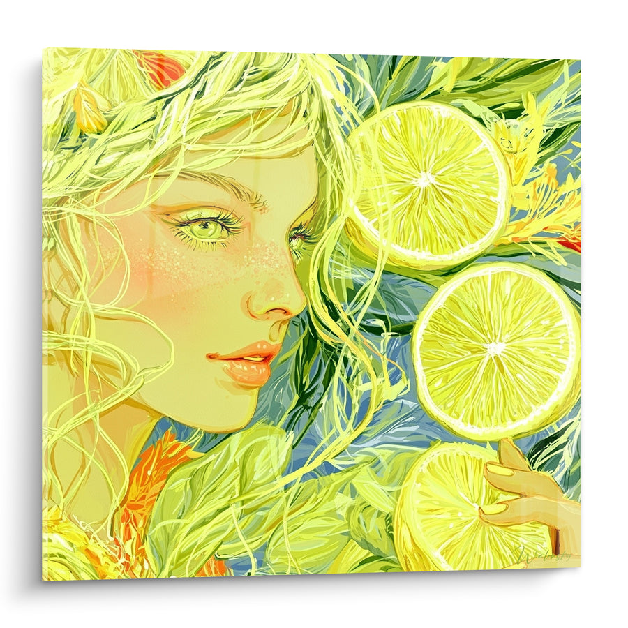 Tableau Portrait féminin aux mèches jaunes et rondelles vertes - Fraîcheur acidulée - Edition Citron