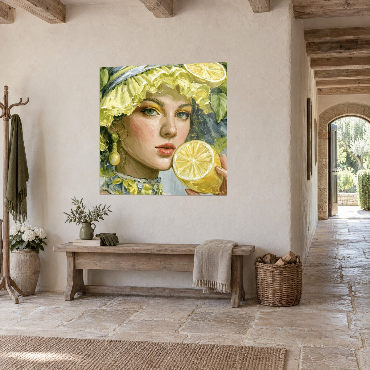 Tableau visage aux paupières dorées et boucle d'oreille pendante, feuillage vert et gris bleuté, dans un couloir de pierre claire