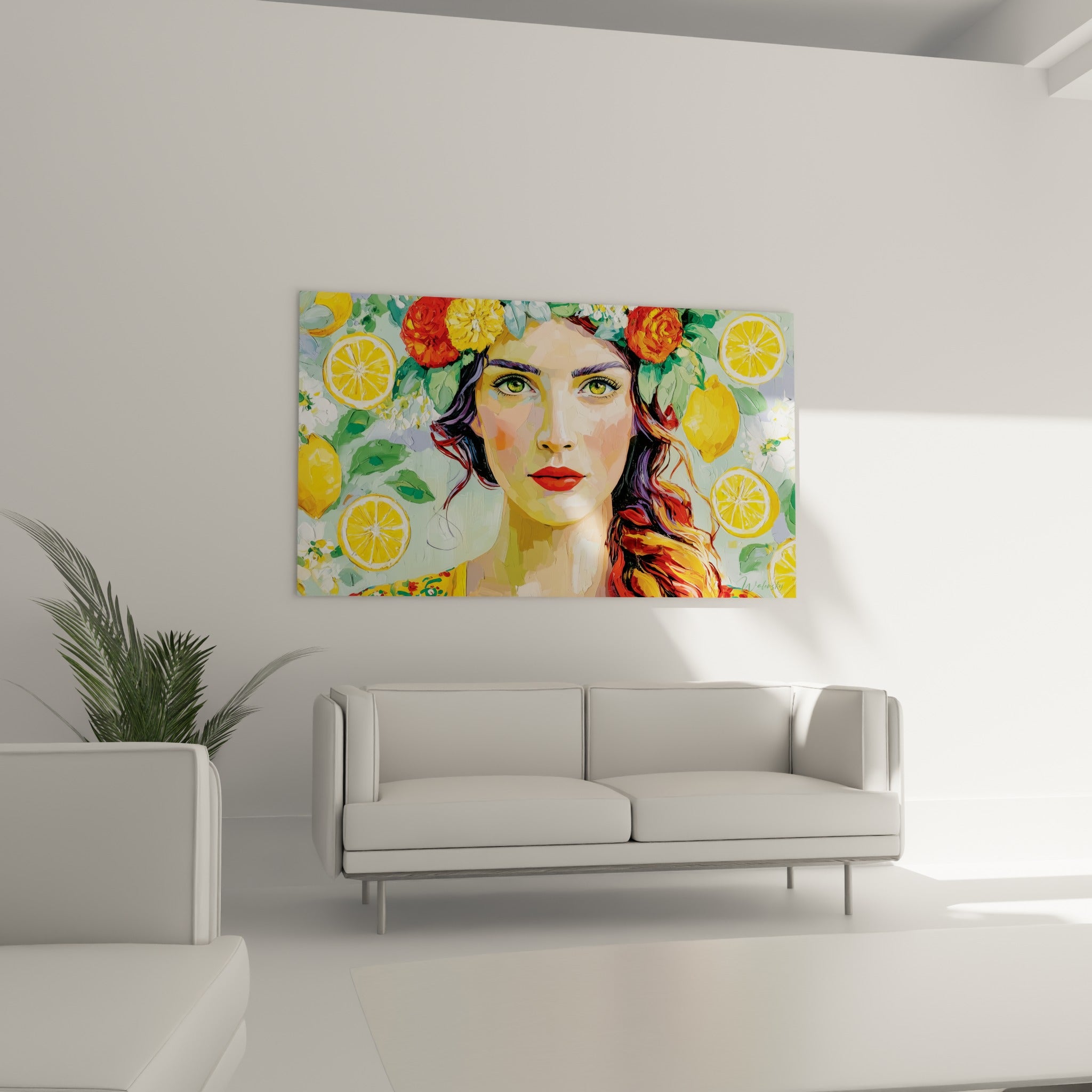 Visage orné de citrons et roses rouges surplombant un canapé dans un salon lumineux