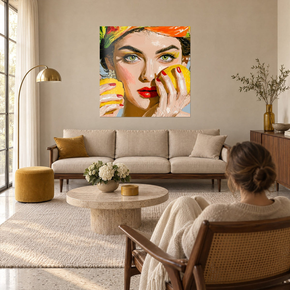 Tableau portrait aux yeux verts et lèvres rouges, mains aux ongles vermillon sur citrons, au-dessus d'un canapé dans un salon lumineux
