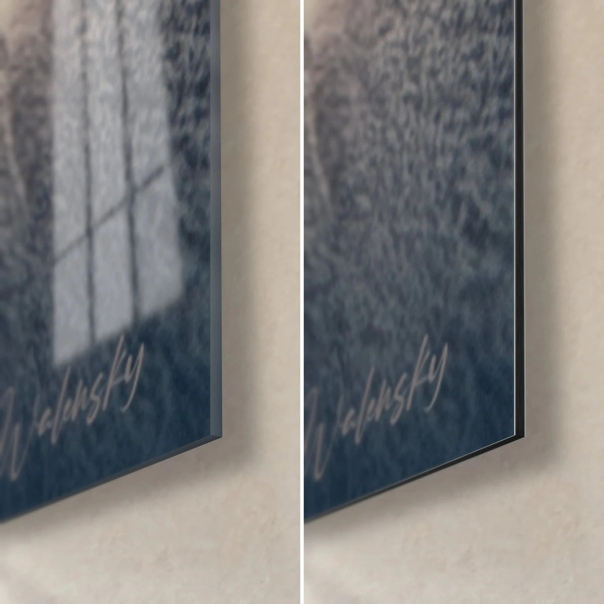 Wall art grey Halloween pumpkin, bottom right corner: glossy acrylic glass reflecting the window, matte grey Dibond, thin edge