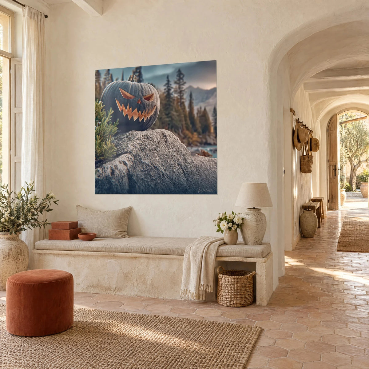 Wall art carved pumpkin with ember eyes perched on grey granite, green pines and misty mountain, in a vaulted hallway