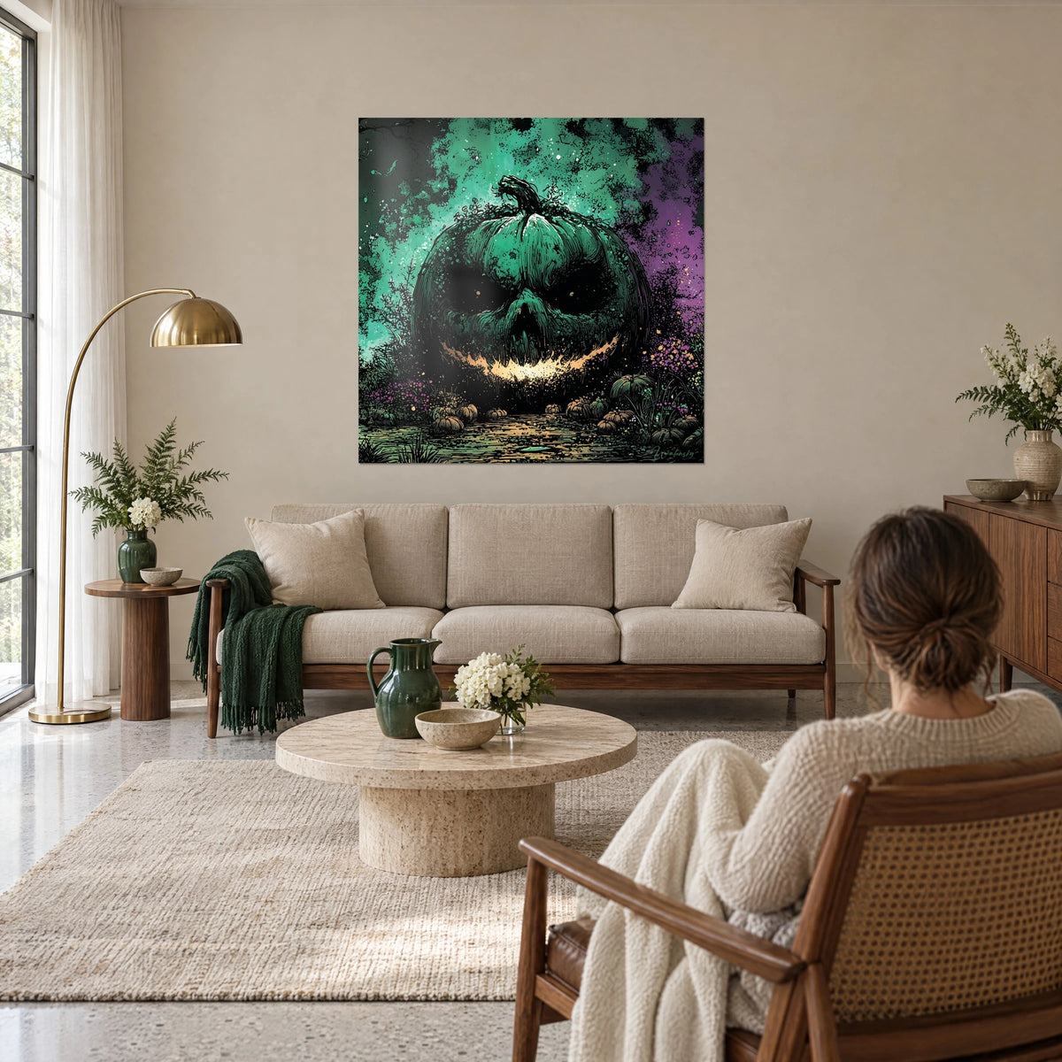 Cuadro calabaza gigante de sonrisa luminosa, fondo verde menta y violeta, vista de espaldas, sobre un sofá en un salón luminoso