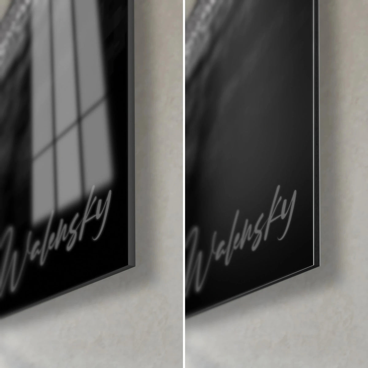 Gemälde eines bösartigen Kürbisses, untere rechte Ecke: glänzendes Acrylglas mit Fensterreflexen, mattgraues Dibond, 3 mm schwarze Kante