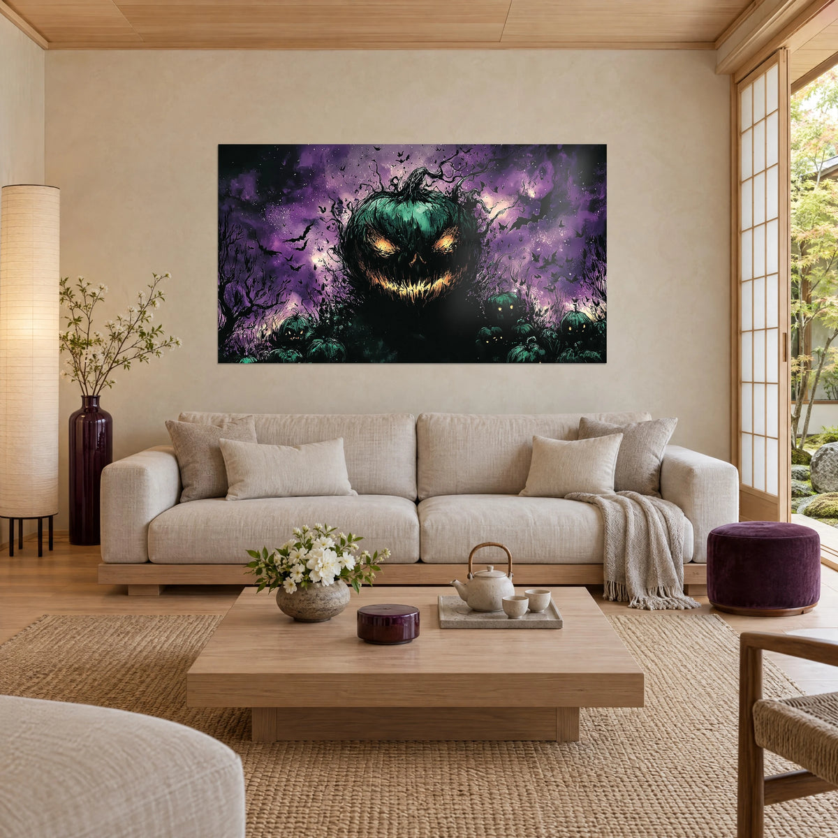 Schilderij demonische pompoen met barnsteenkleurige ogen, paarse lucht bezaaid met zwarte vleermuizen, boven een bank in een lichte woonkamer
