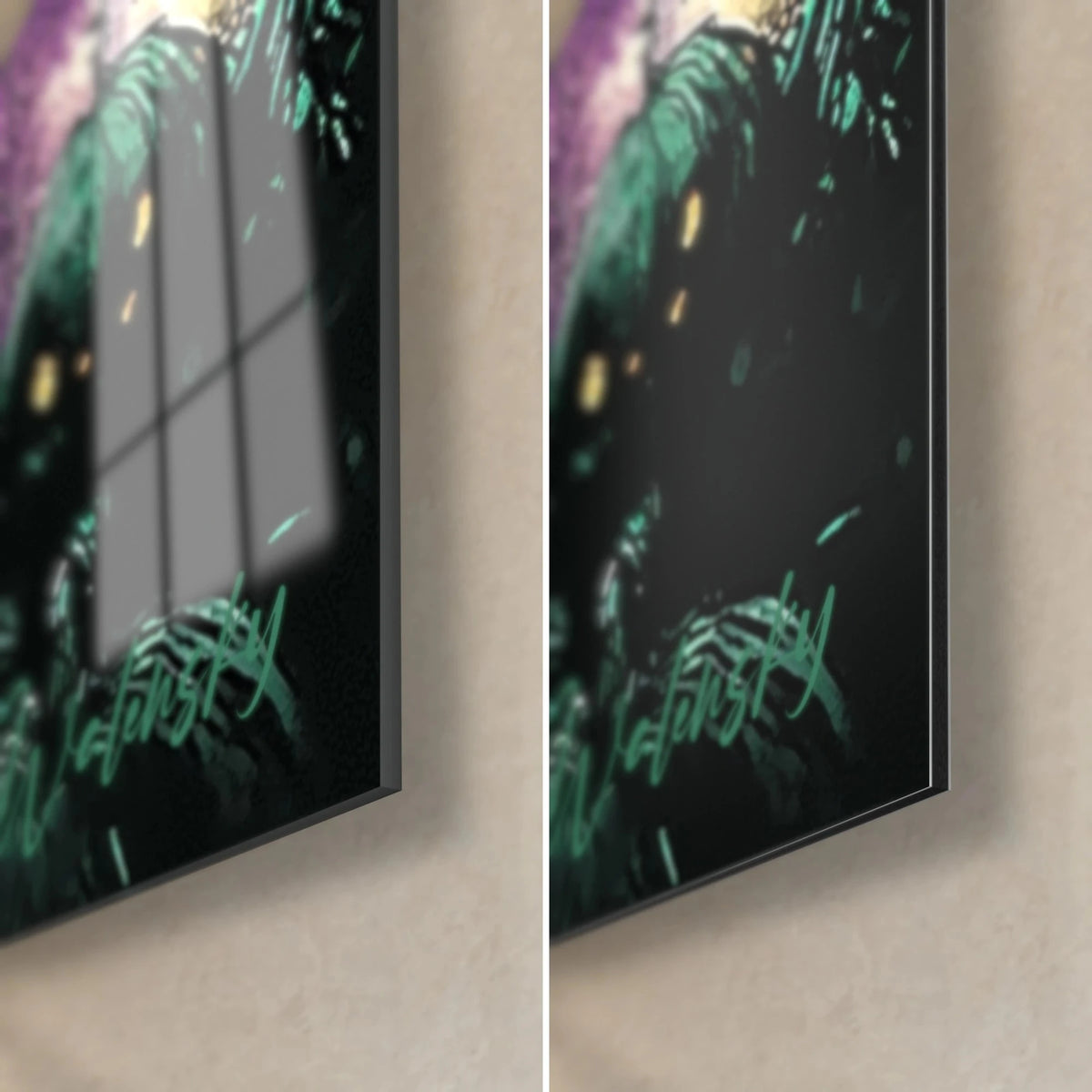 Tableau cucurbitacée sinistre en feuillage vert jade et noir, reflets sur verre brillant, alu Dibond mat, tranche de 3 mm