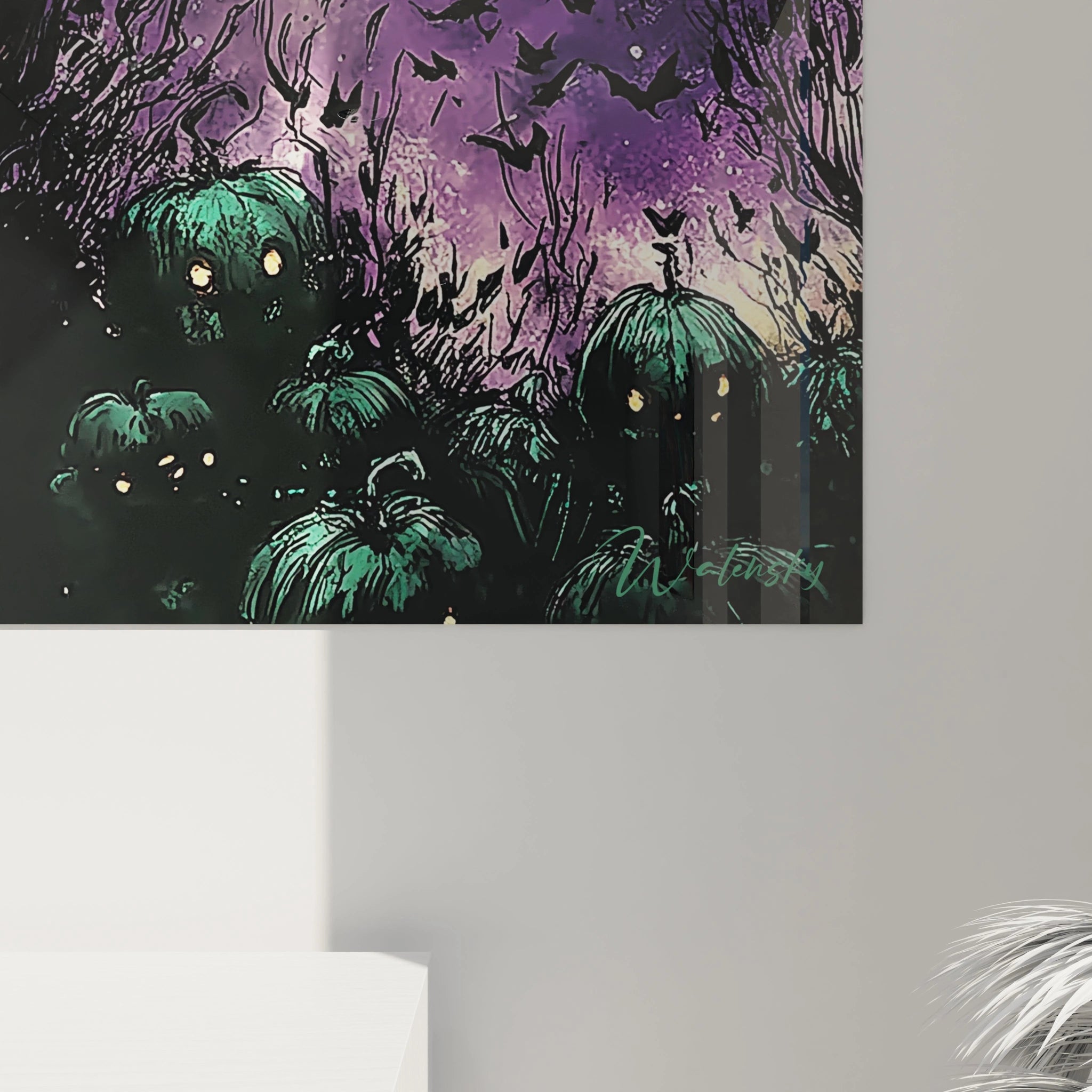 Walensky tableau citrouille halloween décoration murale avec citrouilles vertes aux yeux lumineux et ciel violet