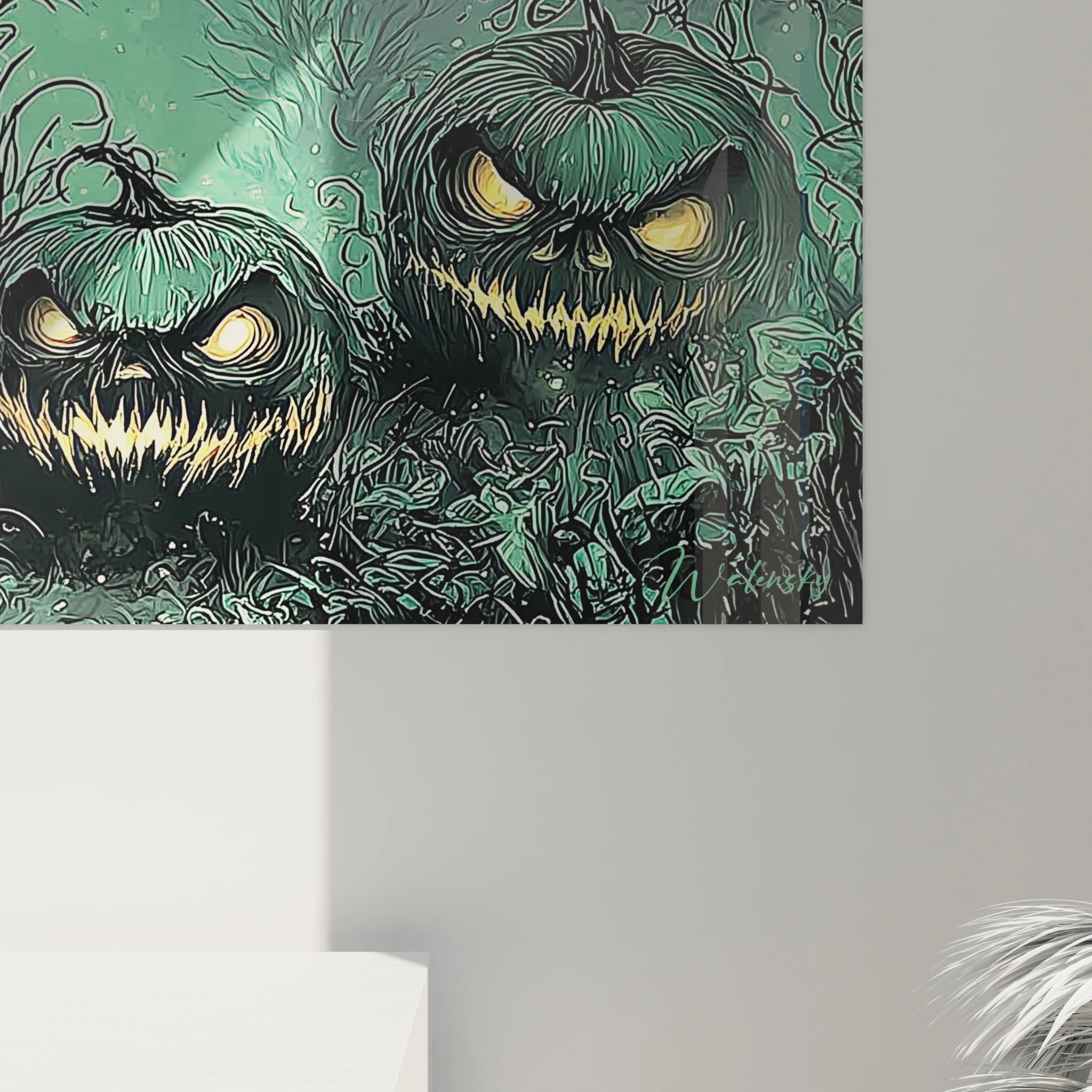 Tableau mural Walensky montrant deux citrouilles vertes effrayantes aux yeux et bouches lumineuses tableau citrouille halloween