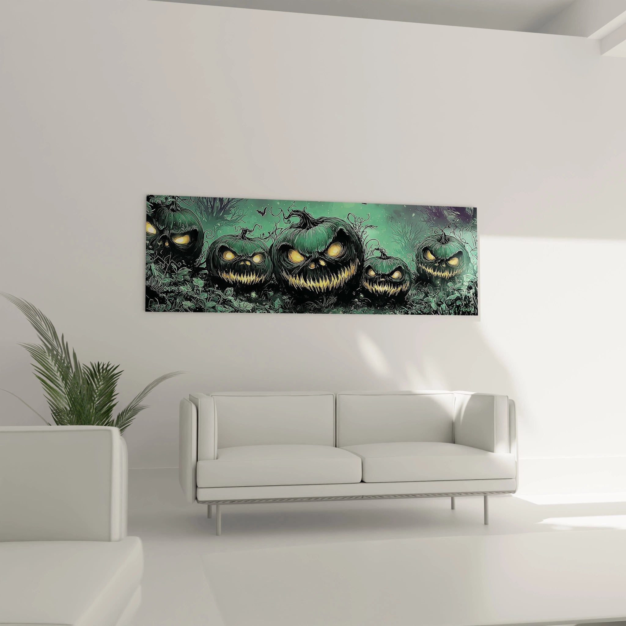 Tableau mural Walensky tableau citrouille halloween en tons verts avec citrouilles grimaçantes au dessus du canapé