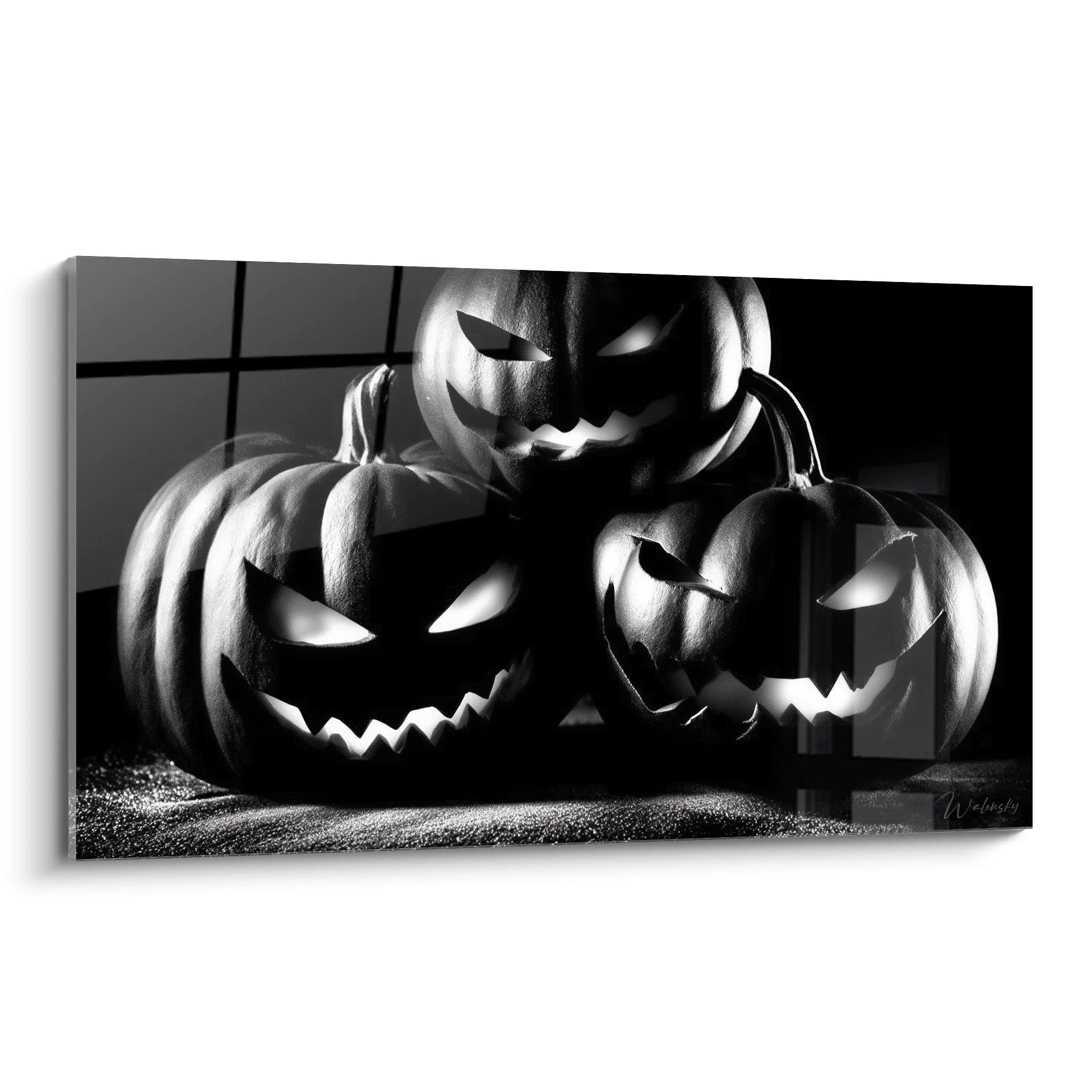 Walensky tableau halloween citrouille noir et blanc avec trois citrouilles sculptées aux visages menaçants