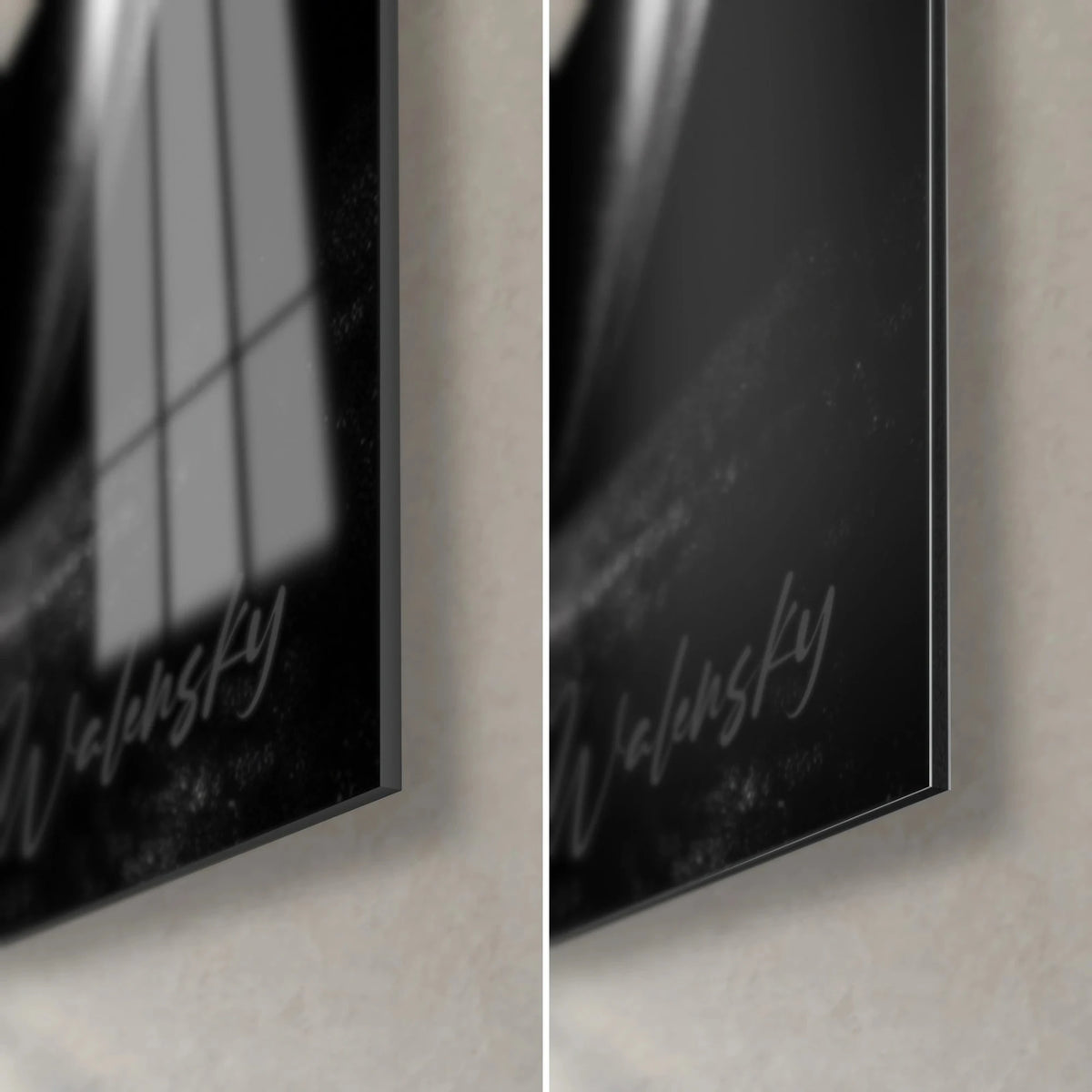 Tableau citrouille ricanante, coin bas droit : verre brillant à reflets, Dibond mat noir et tranche de 3 mm