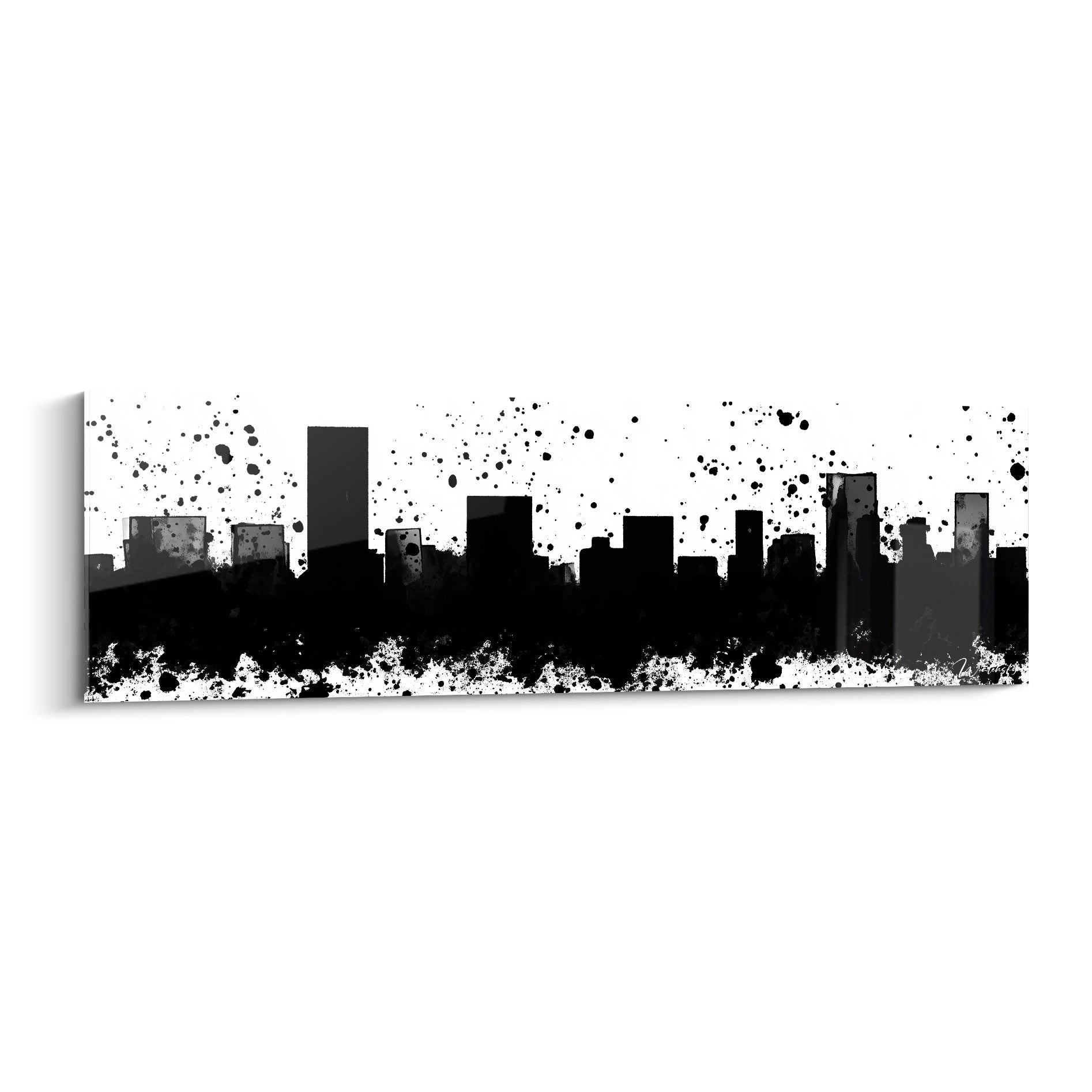 Tableau tacheté noir et blanc représentant une silhouette urbaine moderne avec des éclaboussures d'encre
