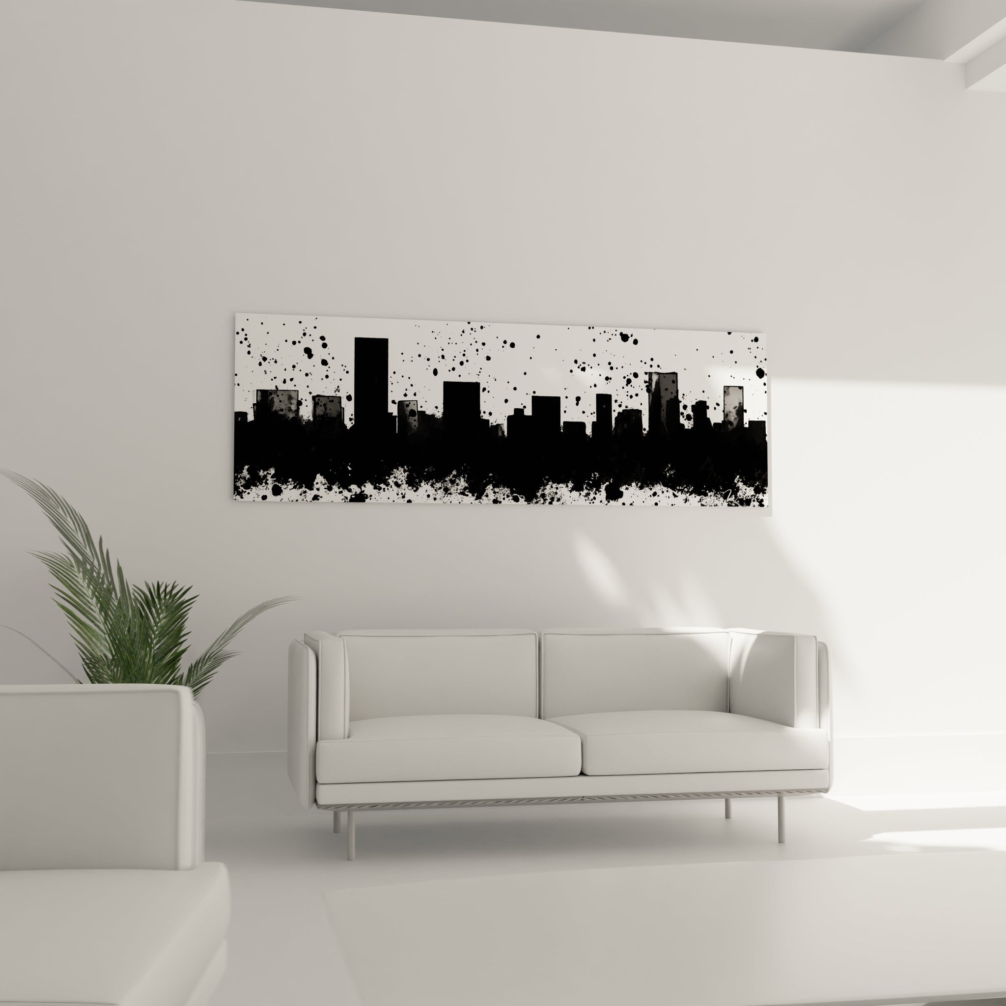 Tableau tacheté noir et blanc de Walensky représentant une silhouette urbaine moderne