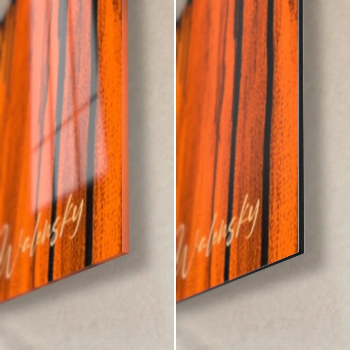 Gemälde einer Stadt in Schwarz und Orange, untere rechte Ecke, glänzendes Acrylglas mit Reflexen und mattes Dibond-Aluminium, 3 mm Stärke