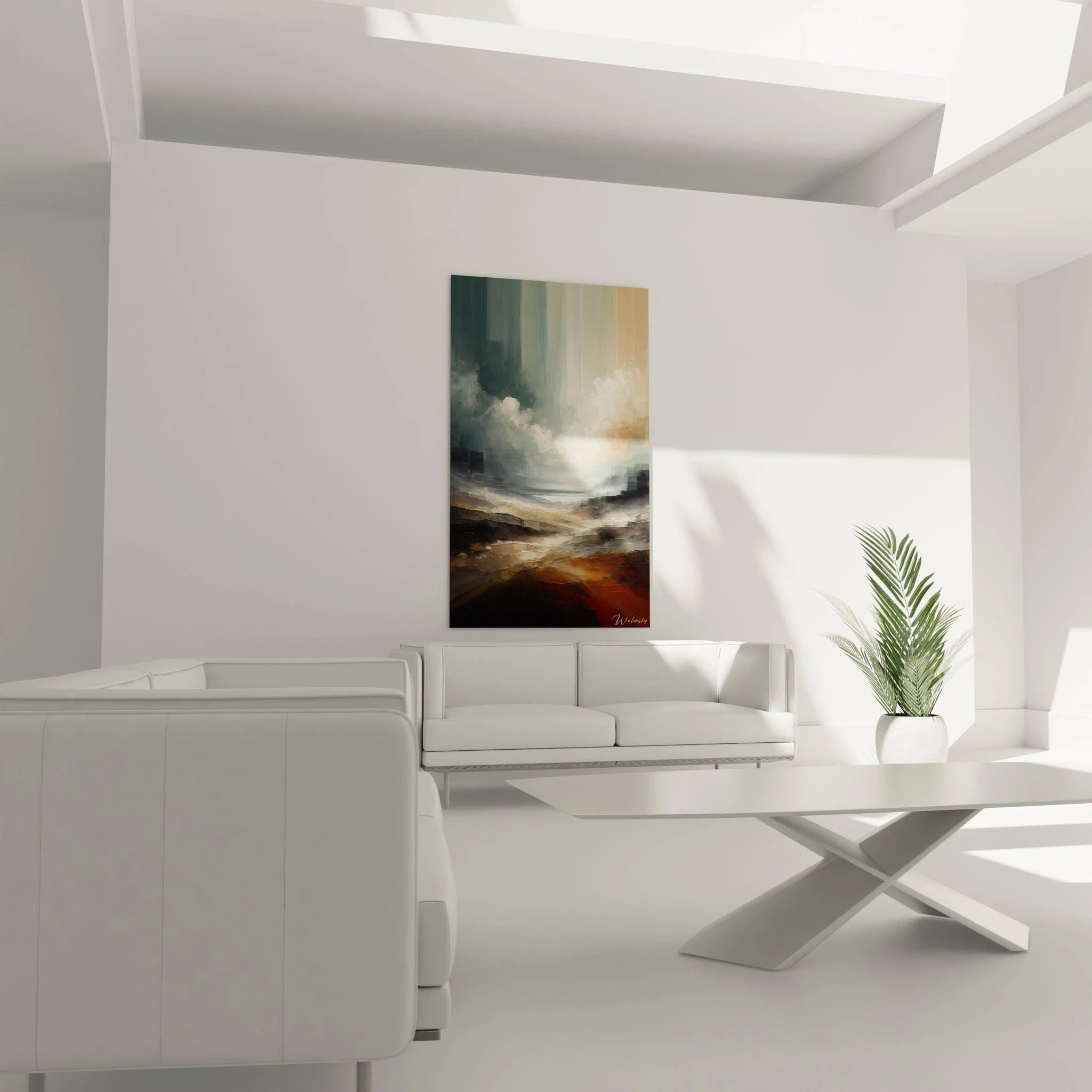 Tableau abstrait représentant une scène brumeuse en tons de bleu-vert, blanc lumineux et ocre. La surface présente de nombreux reliefs et coups de pinceau visibles avec une structure horizontale et verticale, où la lumière semble percer à travers des couches de couleur diaphanes.
