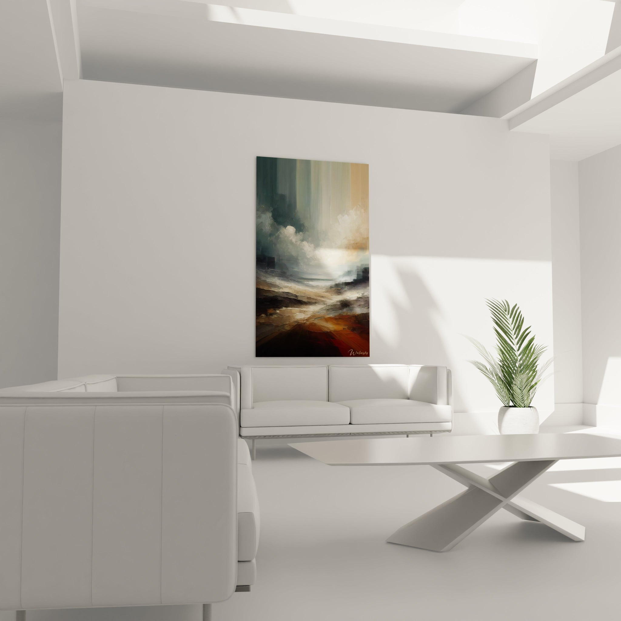 Tableau abstrait représentant une scène brumeuse en tons de bleu-vert, blanc lumineux et ocre. La surface présente de nombreux reliefs et coups de pinceau visibles avec une structure horizontale et verticale, où la lumière semble percer à travers des couches de couleur diaphanes.
