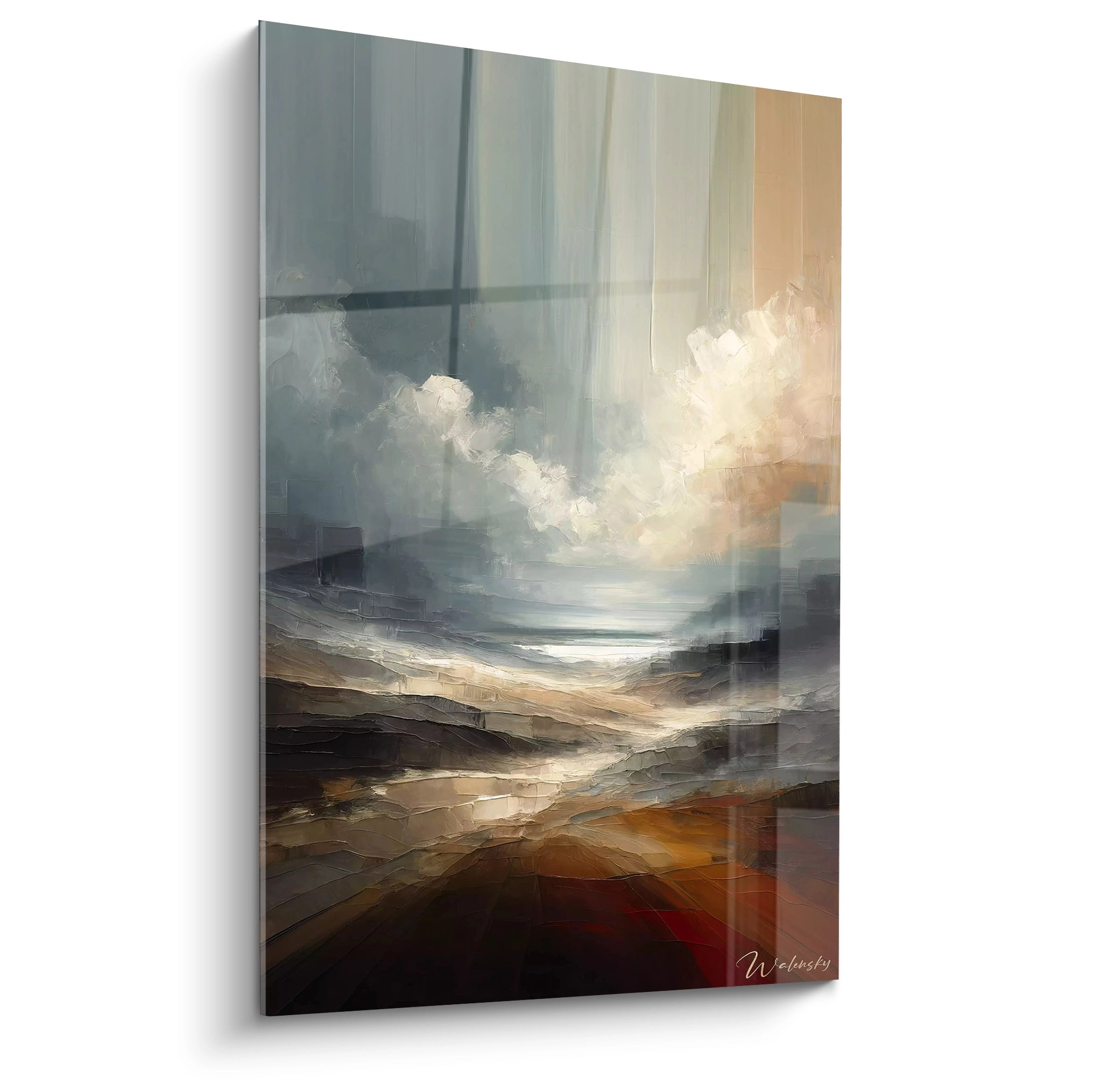 Tableau abstrait évoquant un paysage aux teintes bleu-gris, blanc, beige et terre de Sienne. La composition présente des couches superposées de peinture en empâtements texturés, créant un effet de perspective avec une lumière centrale diffuse sur fond d'horizon brumeux.
