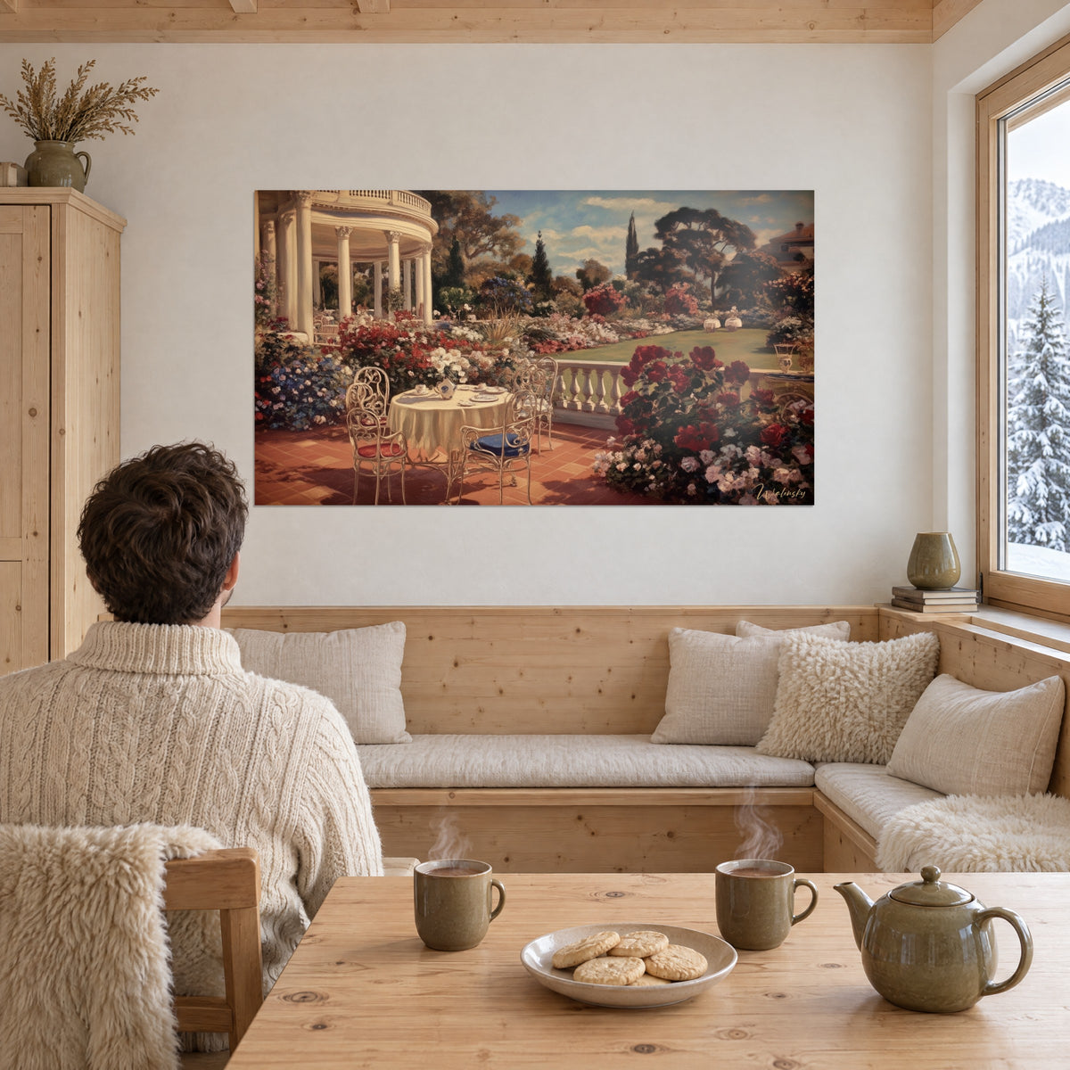 Gemälde Steinbalustrade und grüner Rasen, gesäumt von roten und rosafarbenen Blumenbeeten, betrachtet von einem Mann im cremefarbenen Pullover neben einer Glastür