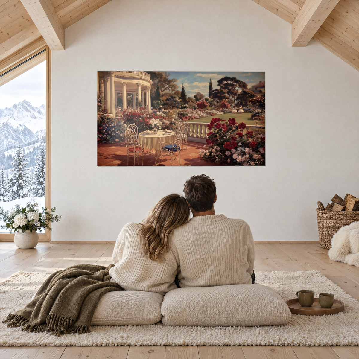 Gemälde Villa mit dichtbelaubten Bäumen und Blumenbeeten in Rot und Weiß, betrachtet von einem Paar, das von hinten auf cremefarbenen Kissen sitzt