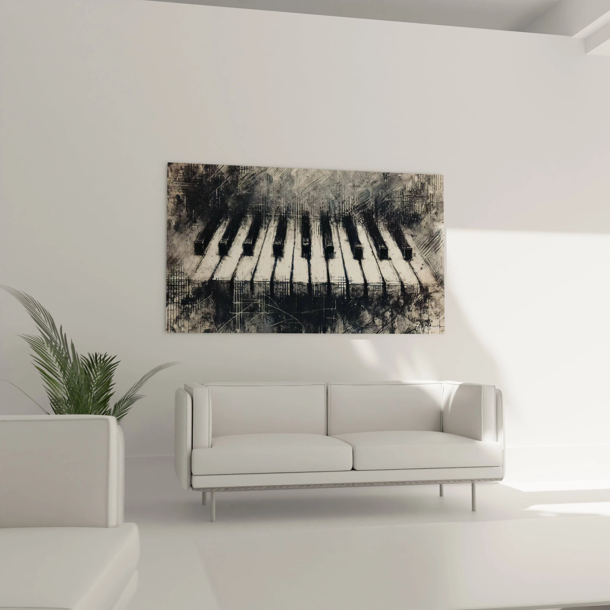  Tableau piano noir et blanc, accroché au mur d'un salon. Les lignes abstraites et les ombres ajoutent une touche artistique et moderne à la pièce.