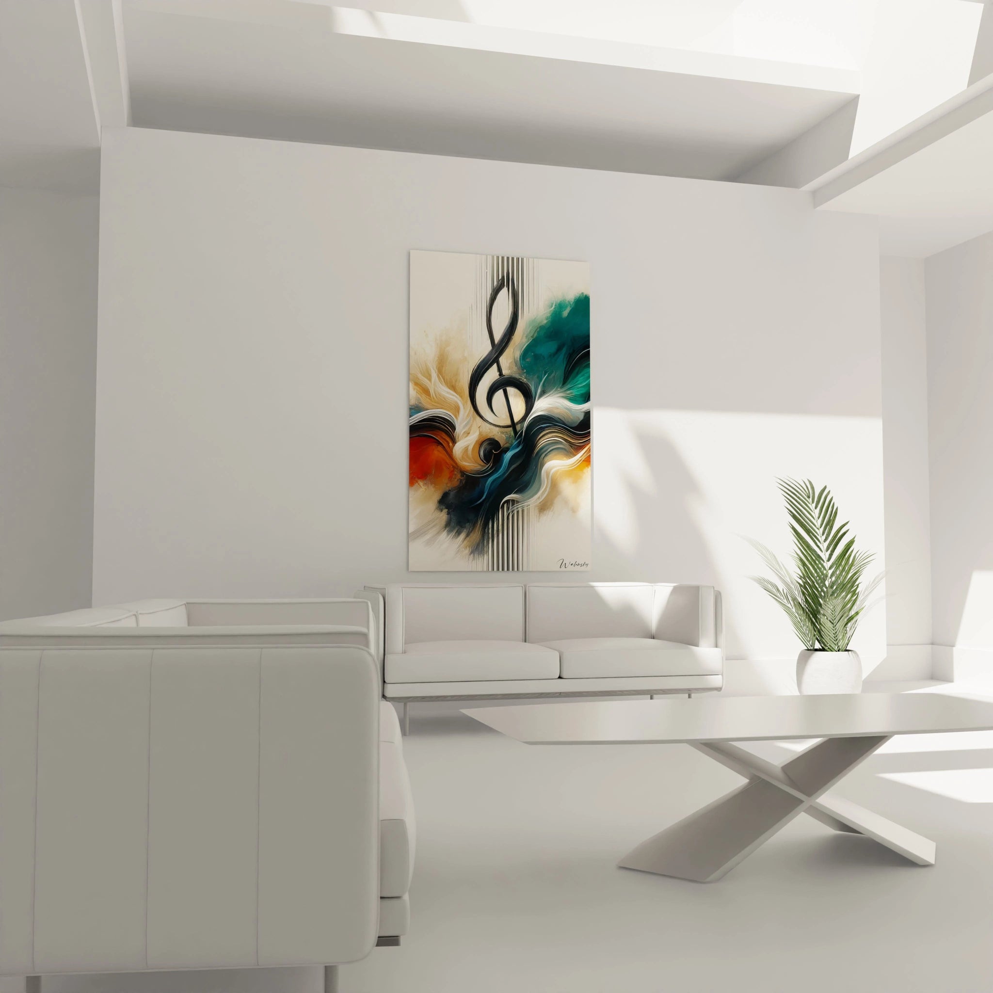 Apportez une note artistique à votre salon avec "Clé du Son". Sa clé de sol majestueuse et ses couleurs tourbillonnantes créent un point focal dynamique, parfait pour un intérieur sophistiqué.

