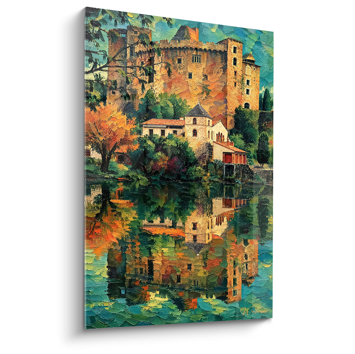 Quadro castello ocra e torrette riflesse su acqua turchese con pennellate di pasta espressive