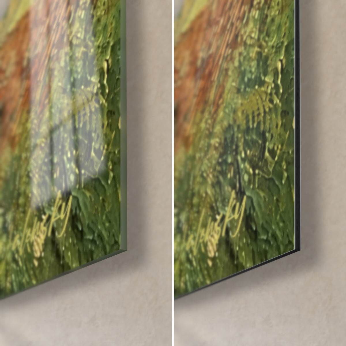 Quadro della cittadina di Clisson dipinto a impasto spesso in verde e ocra, angolo in basso a destra, vetro acrilico lucido a sinistra, alluminio Dibond opaco a destra