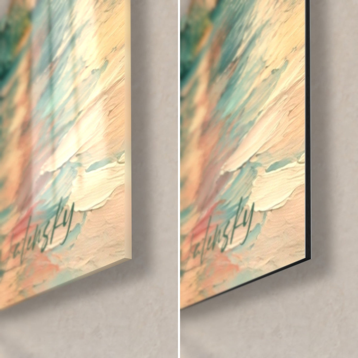 Tableau hameau pastel, coin bas droit : verre brillant à reflets contre Dibond mat, empâtements rose et turquoise, tranche de 3 mm