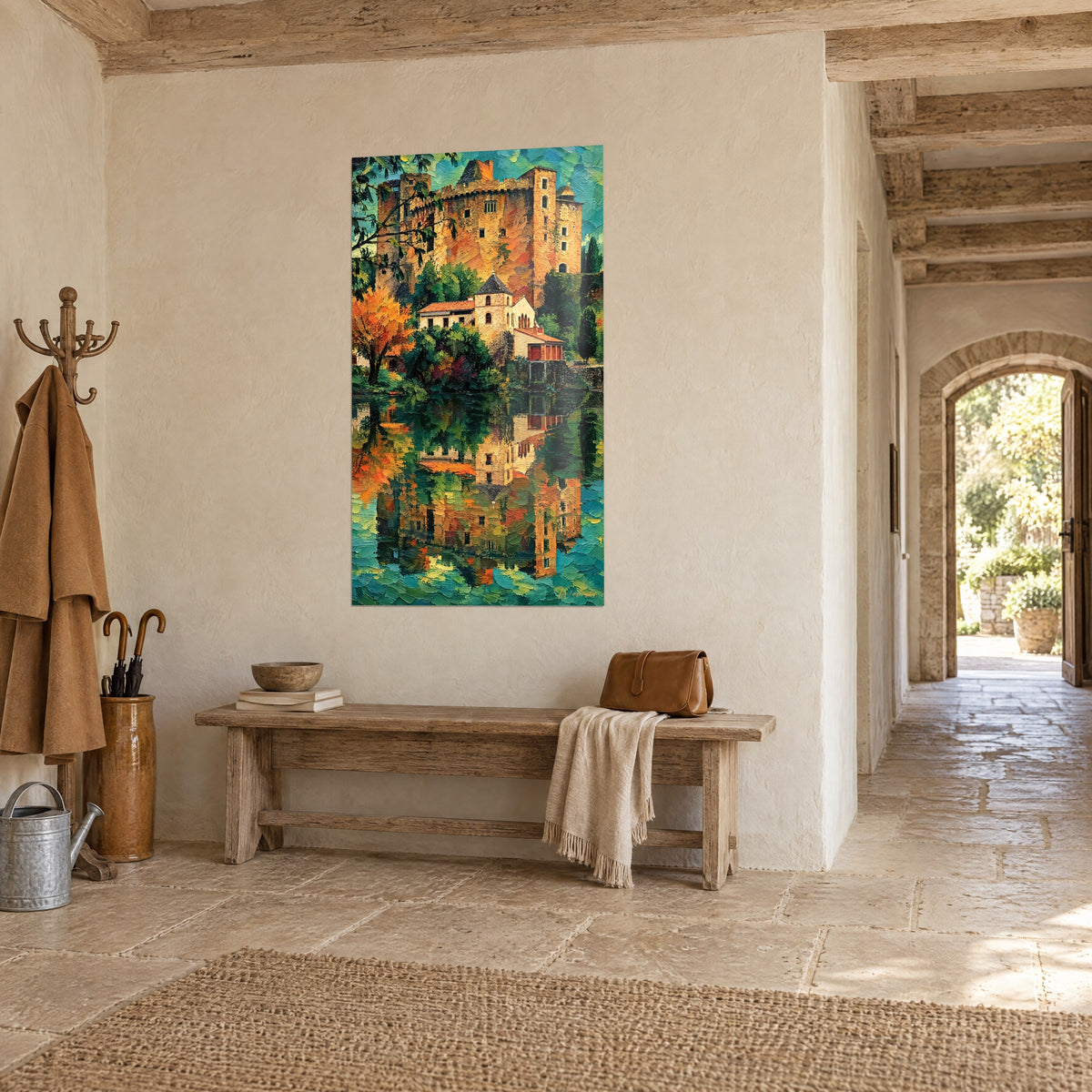 Quadro fortezza di pietra dorata che domina una casa con tetto in ardesia, riflessi verdi e turchesi, corridoio in pietra chiara