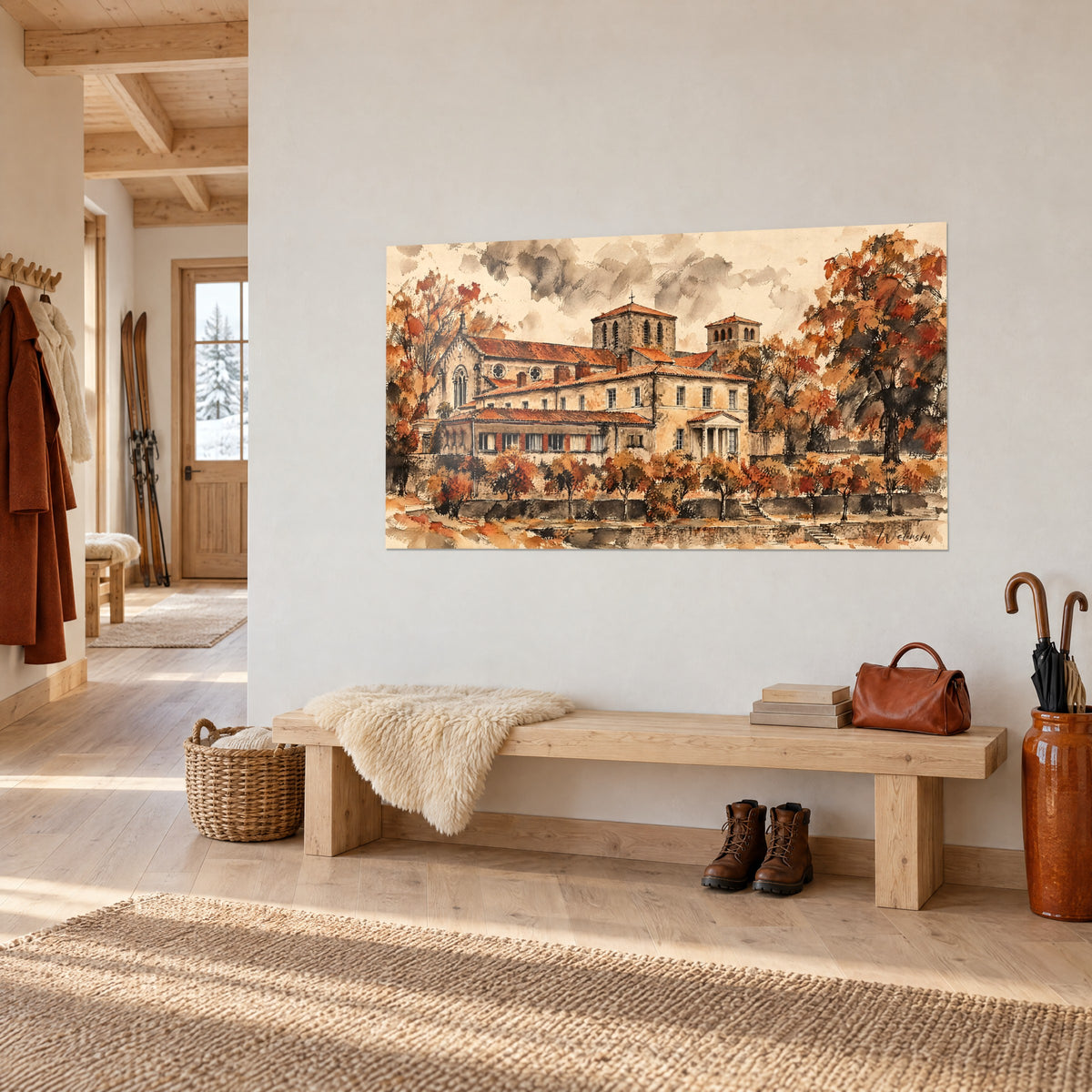 Tableau abbaye en aquarelle ocre, clocher carré et façade crème sous un ciel de lavis gris, sur un mur blanc d'entrée de chalet