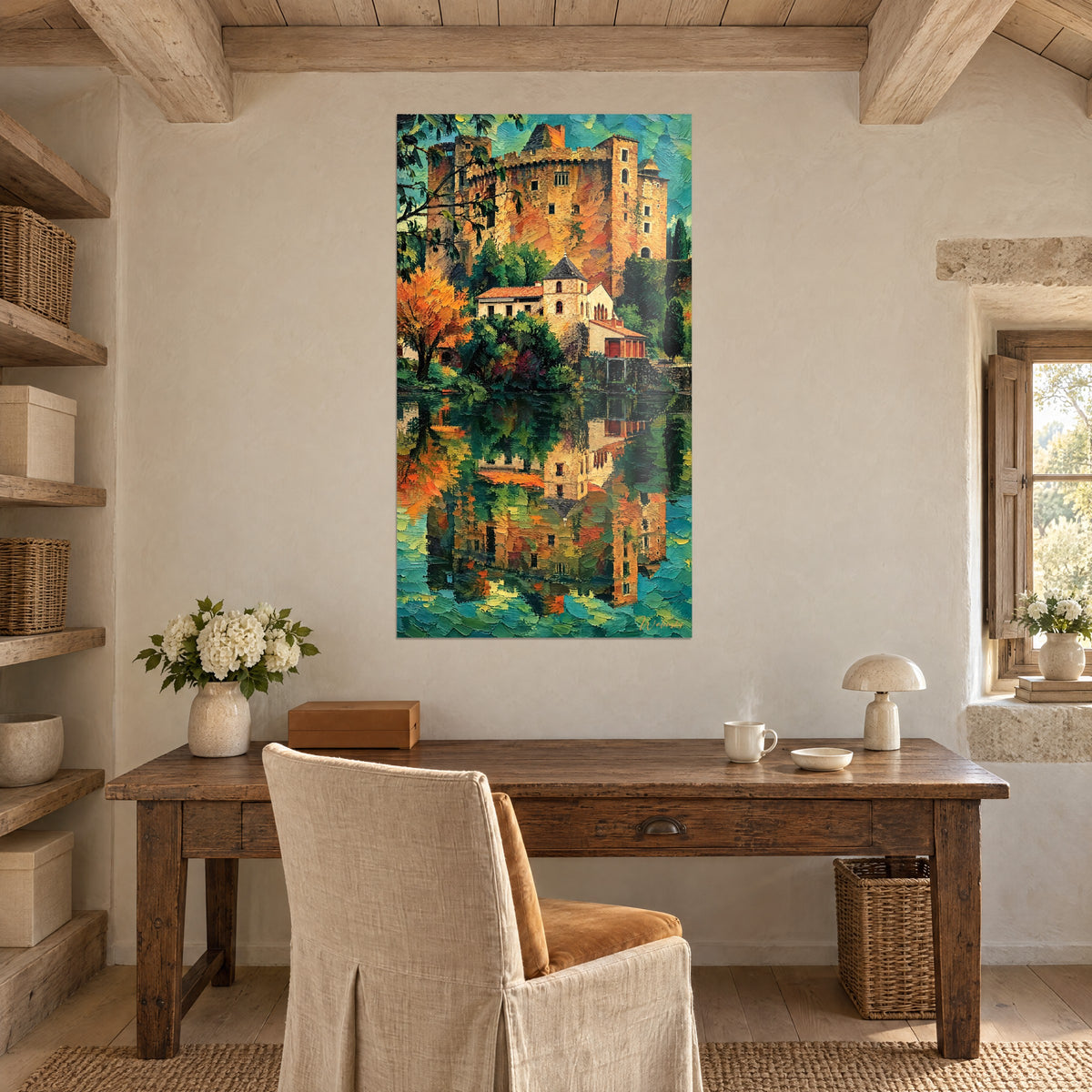 Quadro cittadella di pietra ocra il cui riflesso ondeggia in verde e turchese, sopra una scrivania in legno, pareti chiare imbiancate
