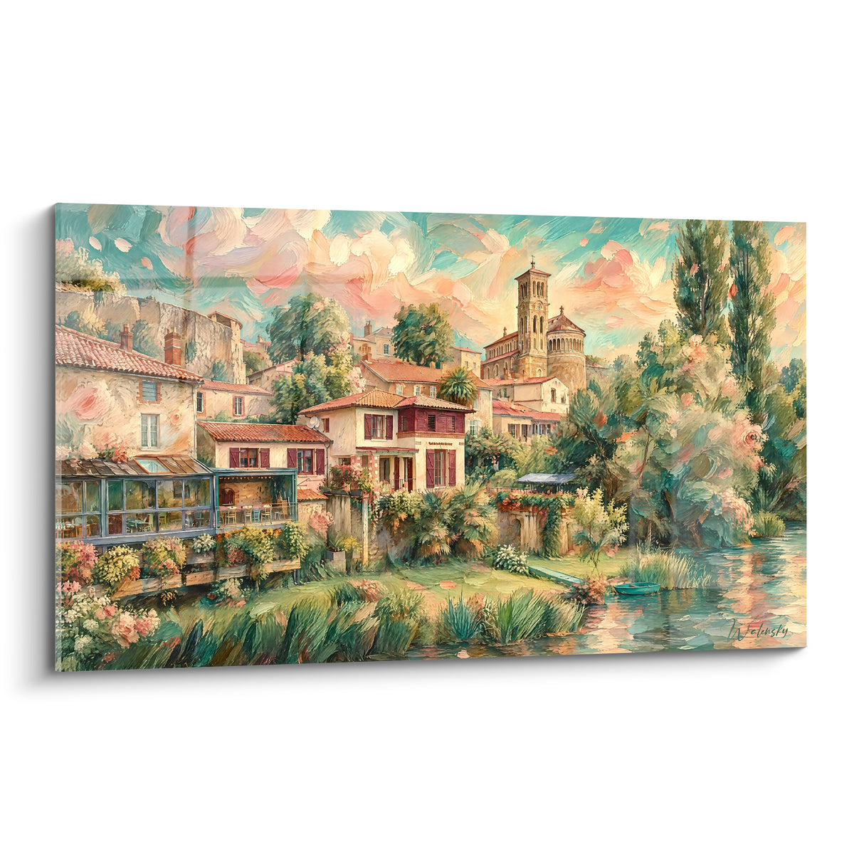 Tableau village fluvial terracotta et vert, clocher roman, ciel pastel rose et turquoise en touches larges
