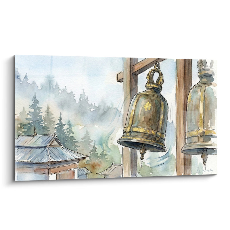 Golden Traditional Bells and Asian Roof Watercolor Canvas - Spiritual Serenity - Buddhist Temple Edition