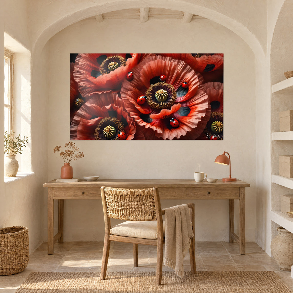 Wall art of ladybugs resting on coral red petals with black and bluish centers, on the wall of a light wood office