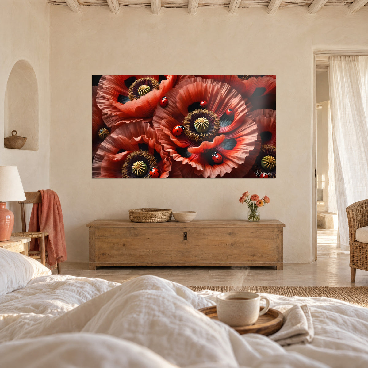 Wall art of pleated orange poppy blooms with black centers and red ladybugs, above a bed in a light bedroom